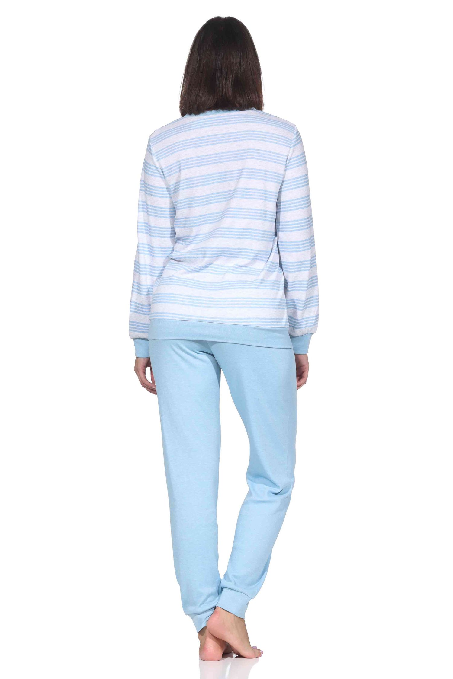 Normann Damen Schlafanzug langarm mit Bündchen in Kuschel Interlock Qualität Streifenoptik