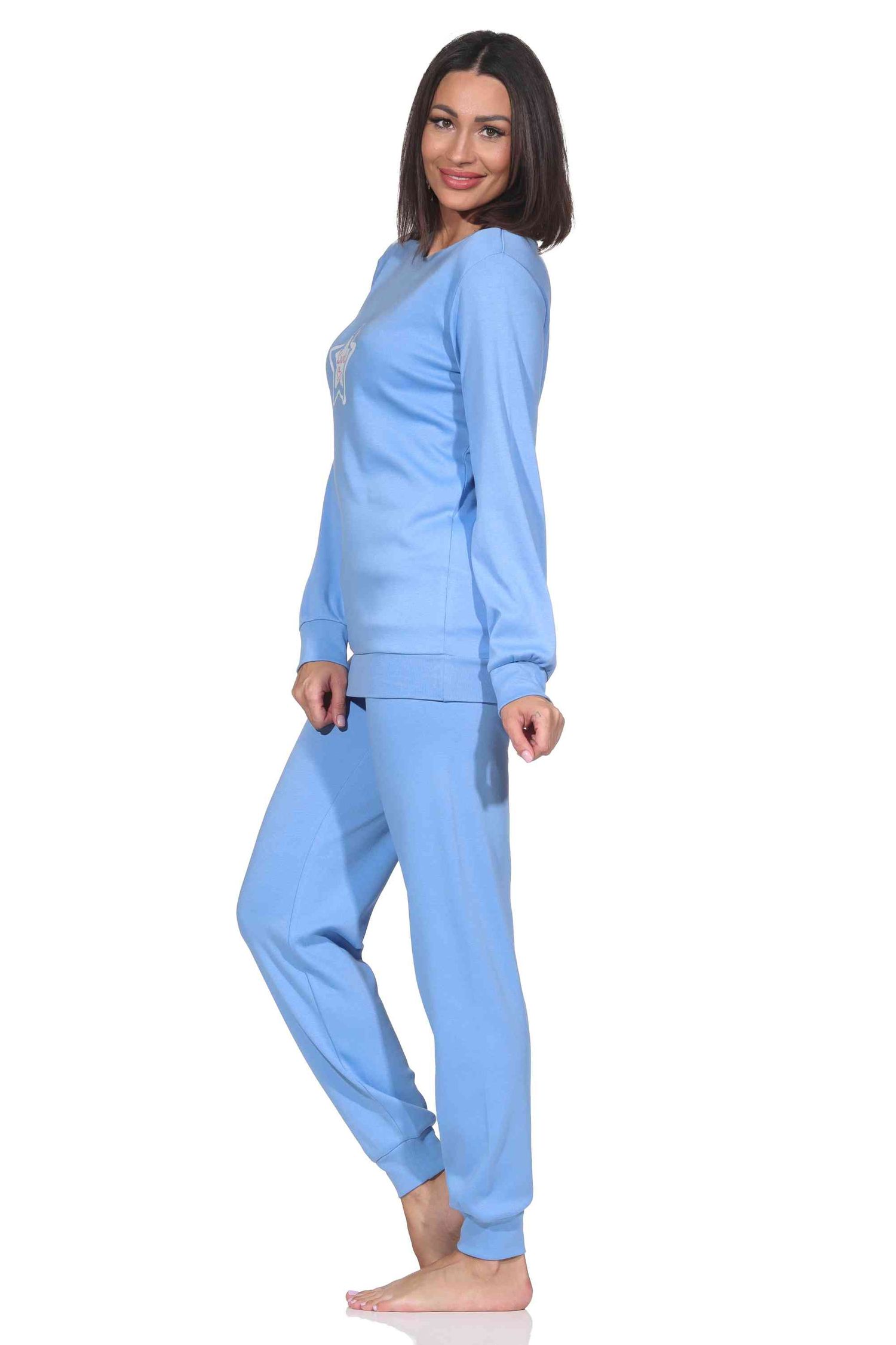 Normann Damen Schlafanzug lang in Kuschel Interlock Qualität mit Bündchen in Sterne Optik