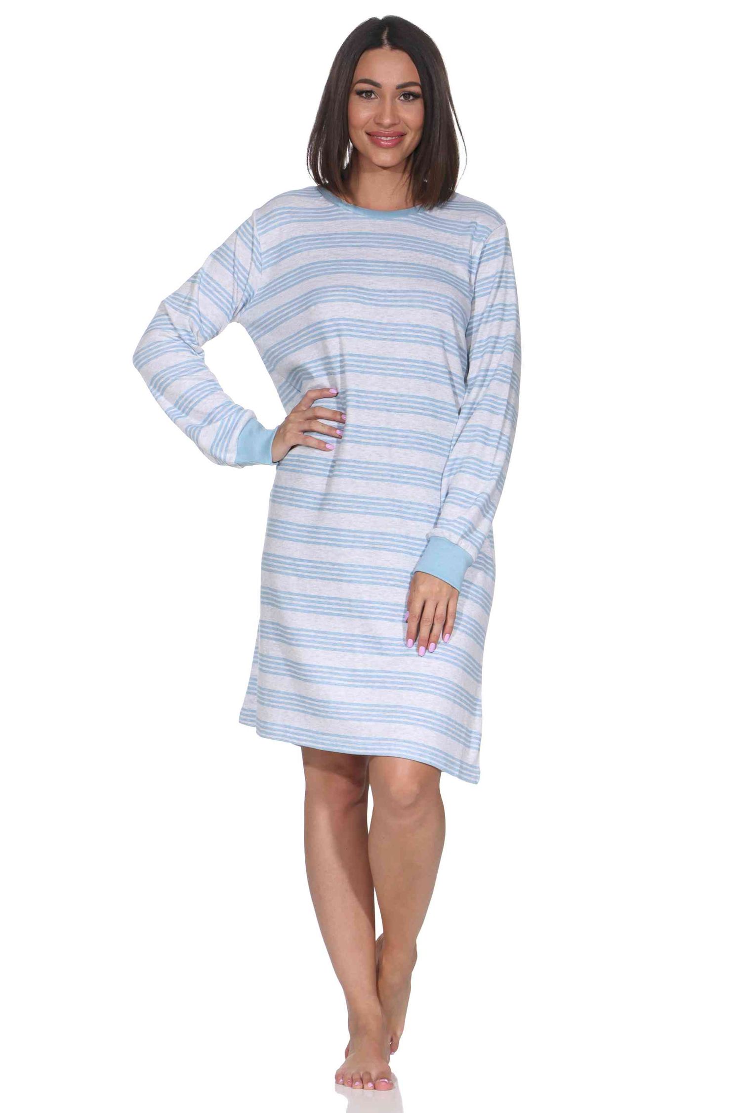 Normann Damen langarm Nachthemd in Kuschel Interlock Qualität mit Bündchen Streifenoptik Normann Damen langarm Nachthemd in Kuschel Interlock Qualität mit Bündchen Streifenoptik