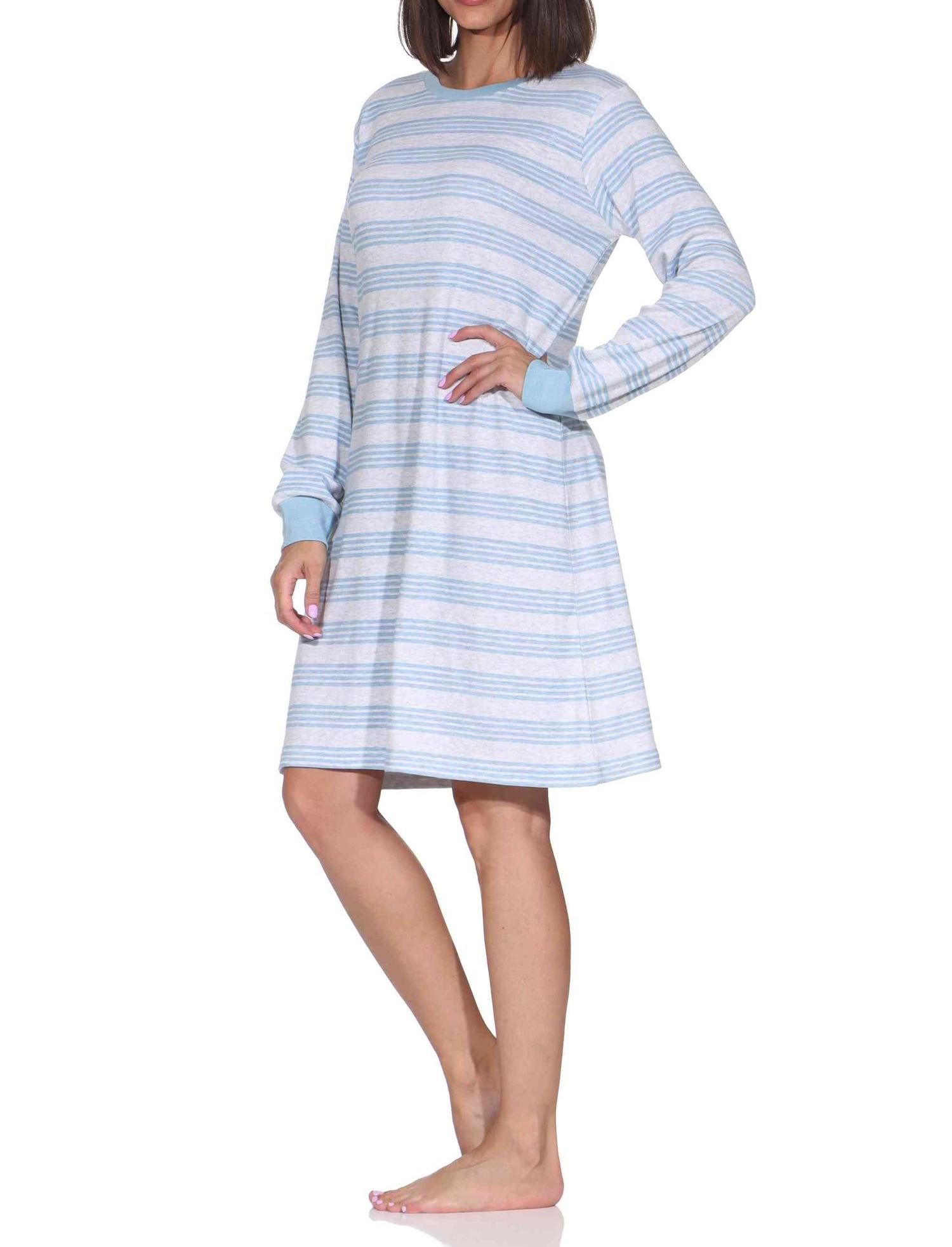 Normann Damen langarm Nachthemd in Kuschel Interlock Qualität mit Bündchen Streifenoptik