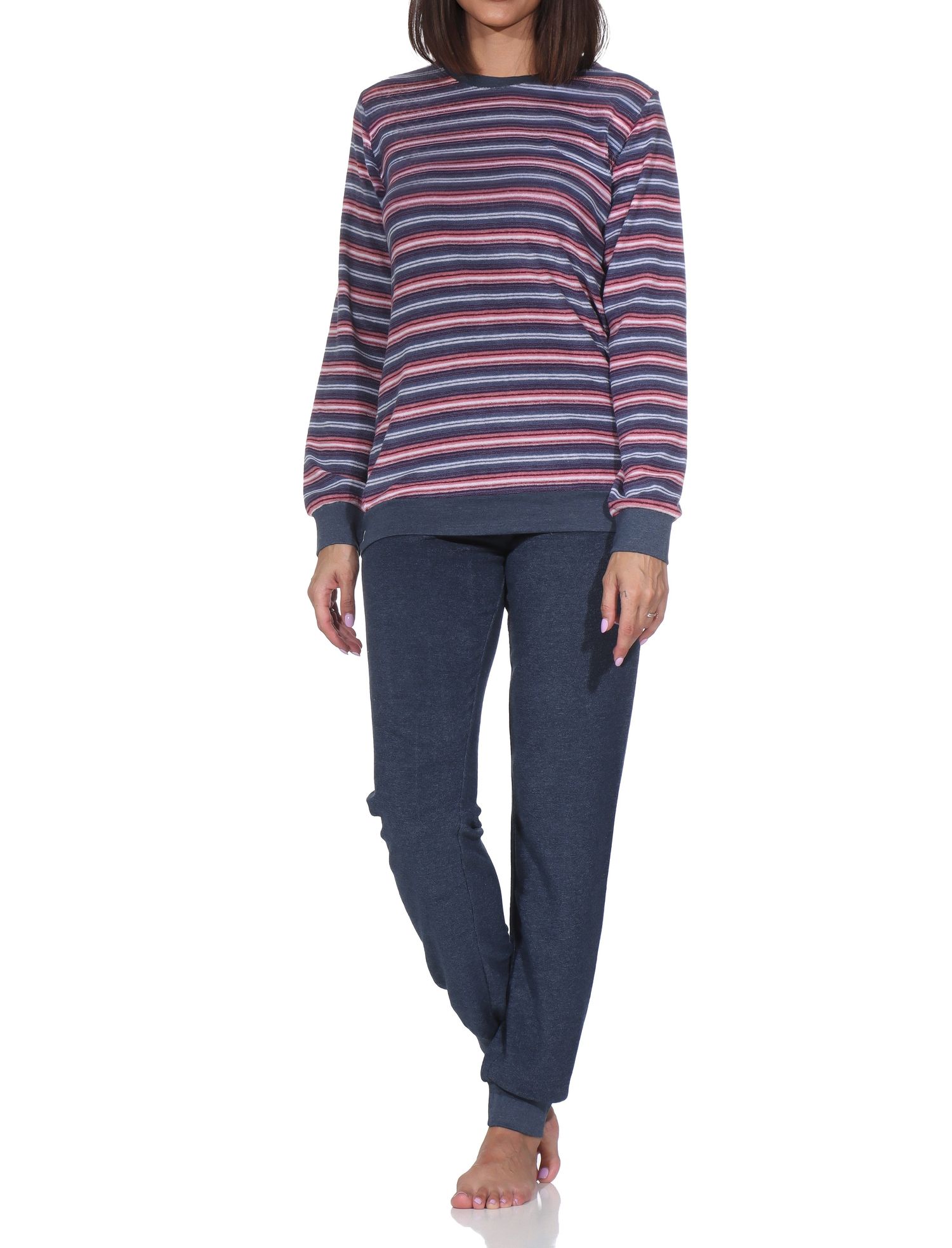Normann Damen Frottee Schlafanzug mit Bündchen Pyjama in Streifenoptik - auch in Übergröße