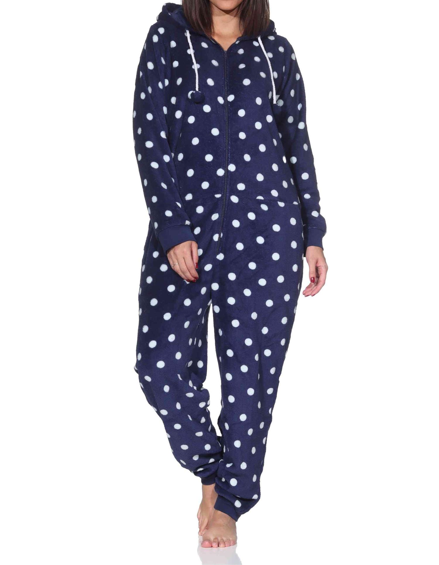 Damen Schlafanzug Jumpsuit Overall in Tupfen Punkte Optik aus kuschelig warmen Coralfleece