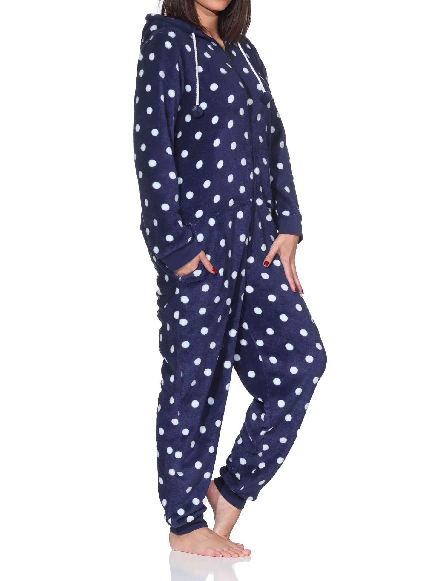 Damen Schlafanzug Jumpsuit Overall in Tupfen Punkte Optik aus kuschelig warmen Coralfleece