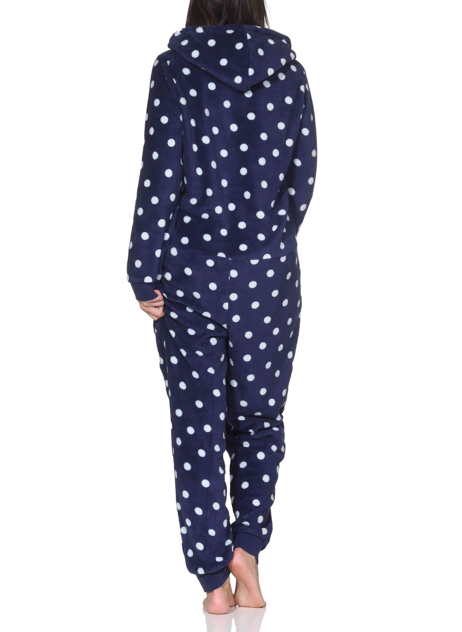 Damen Schlafanzug Jumpsuit Overall in Tupfen Punkte Optik aus kuschelig warmen Coralfleece