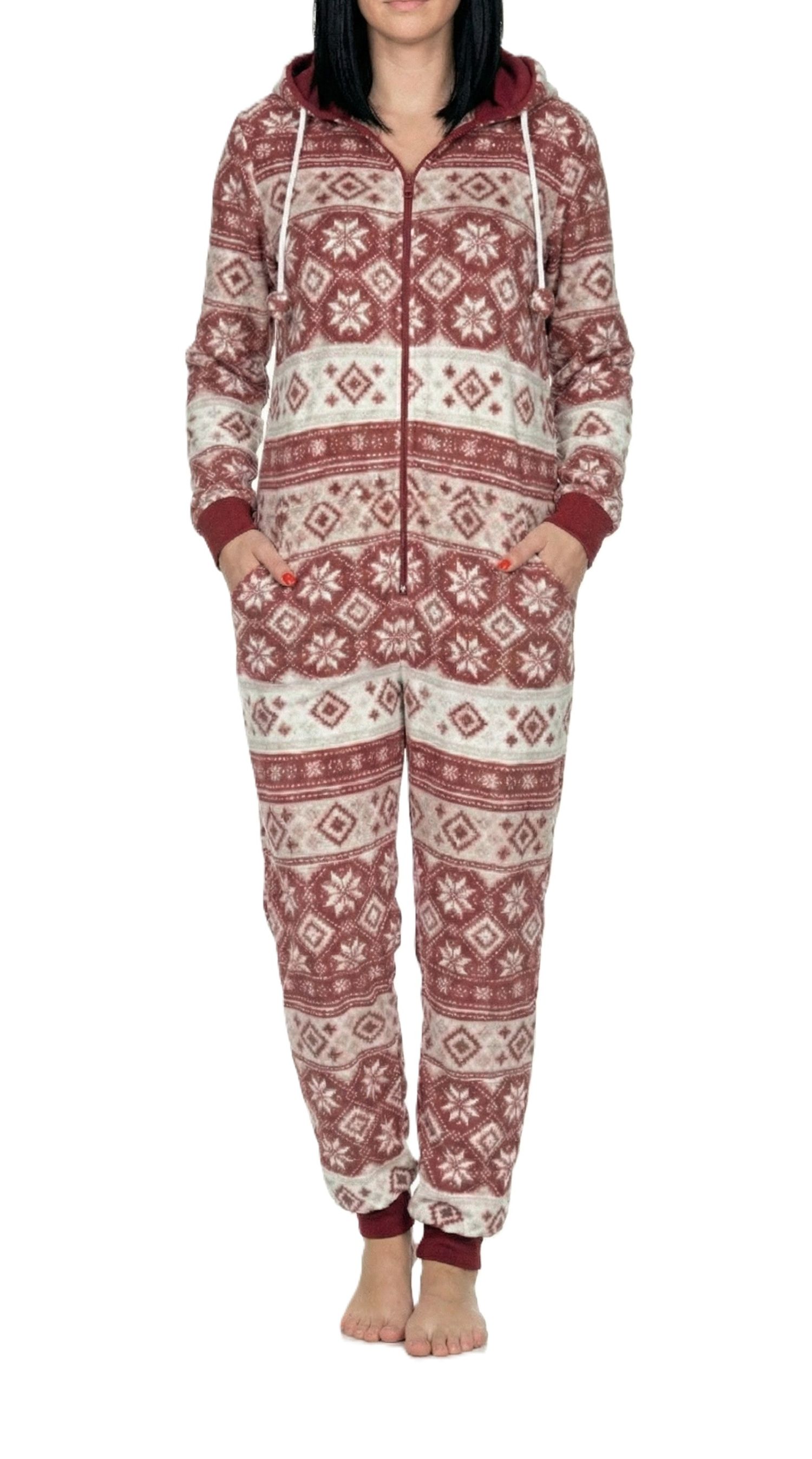 Damen Schlafanzug Jumpsuit Overall in Norweger Optik aus kuschelig warmen Coralfleece