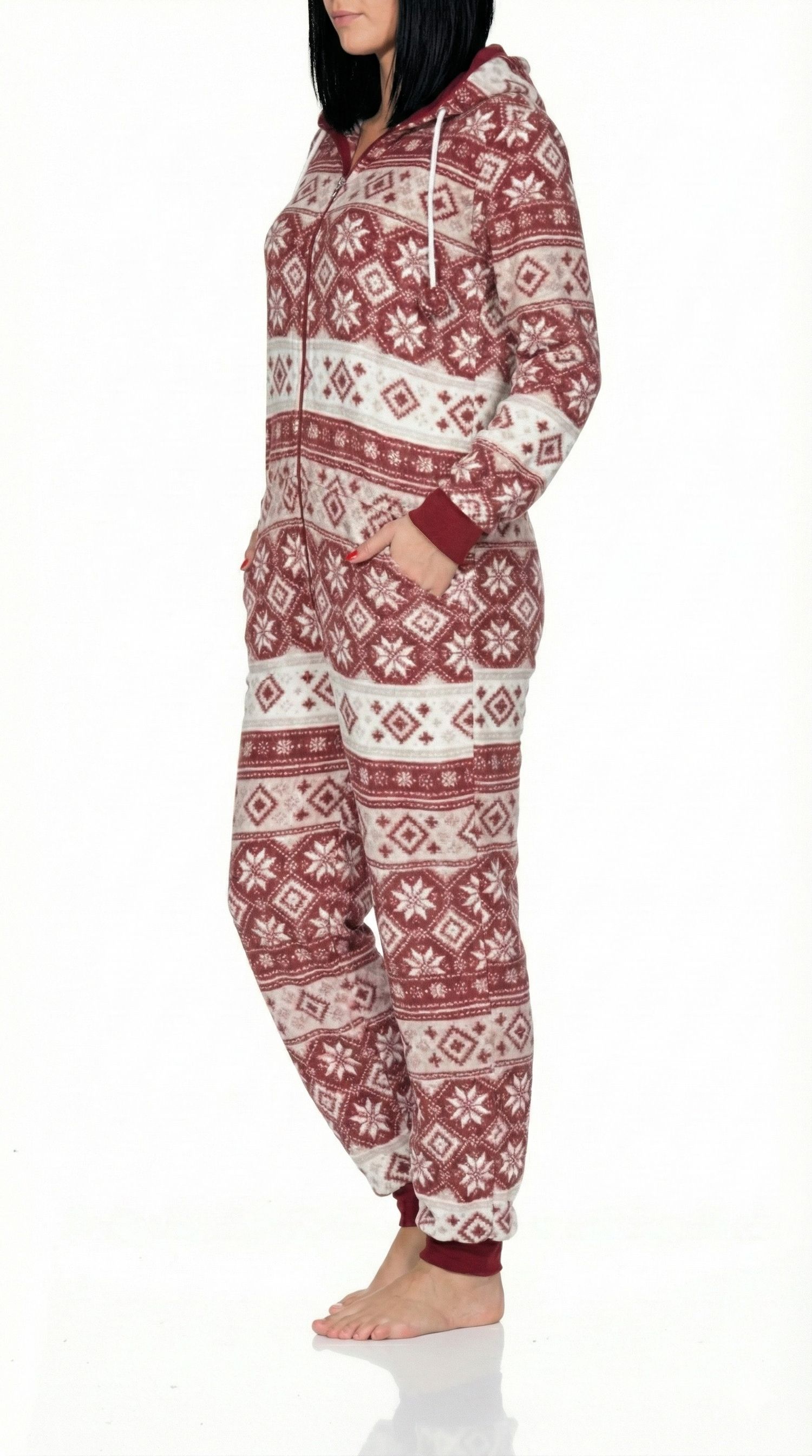 Damen Schlafanzug Jumpsuit Overall in Norweger Optik aus kuschelig warmen Coralfleece