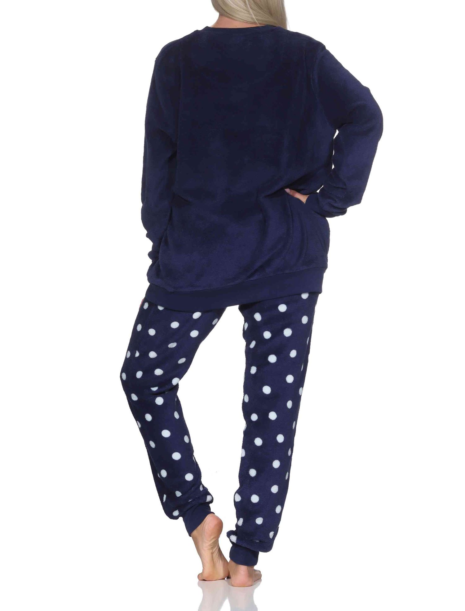 Normann Damen langarm Schlafanzug in Tupfen Punkte Optik aus kuschelig warmen Coralfleece