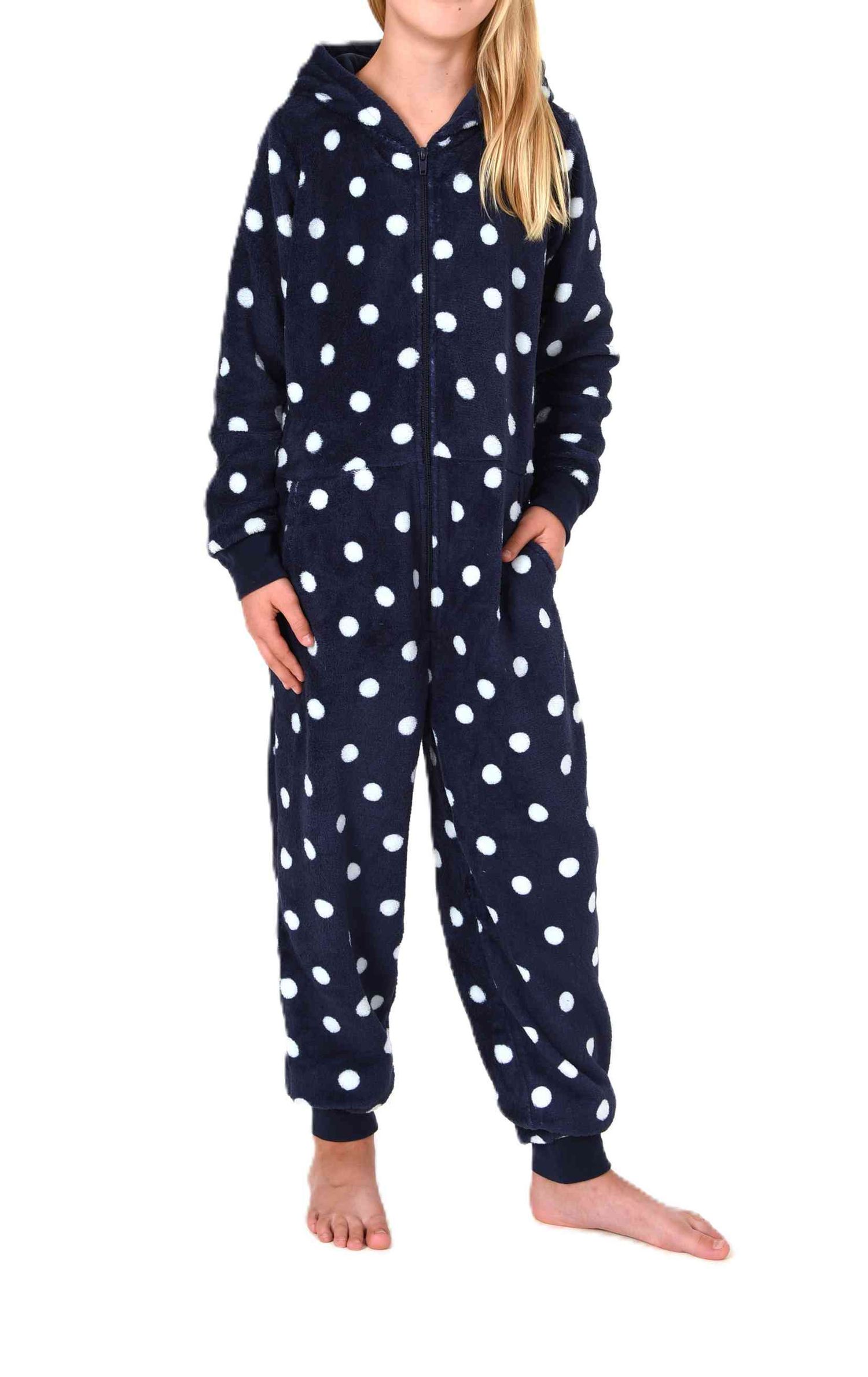 Normann Mädchen Jumpsuit Schlafanzug Overall aus kuscheligen Coralfleece in Tupfen Optik