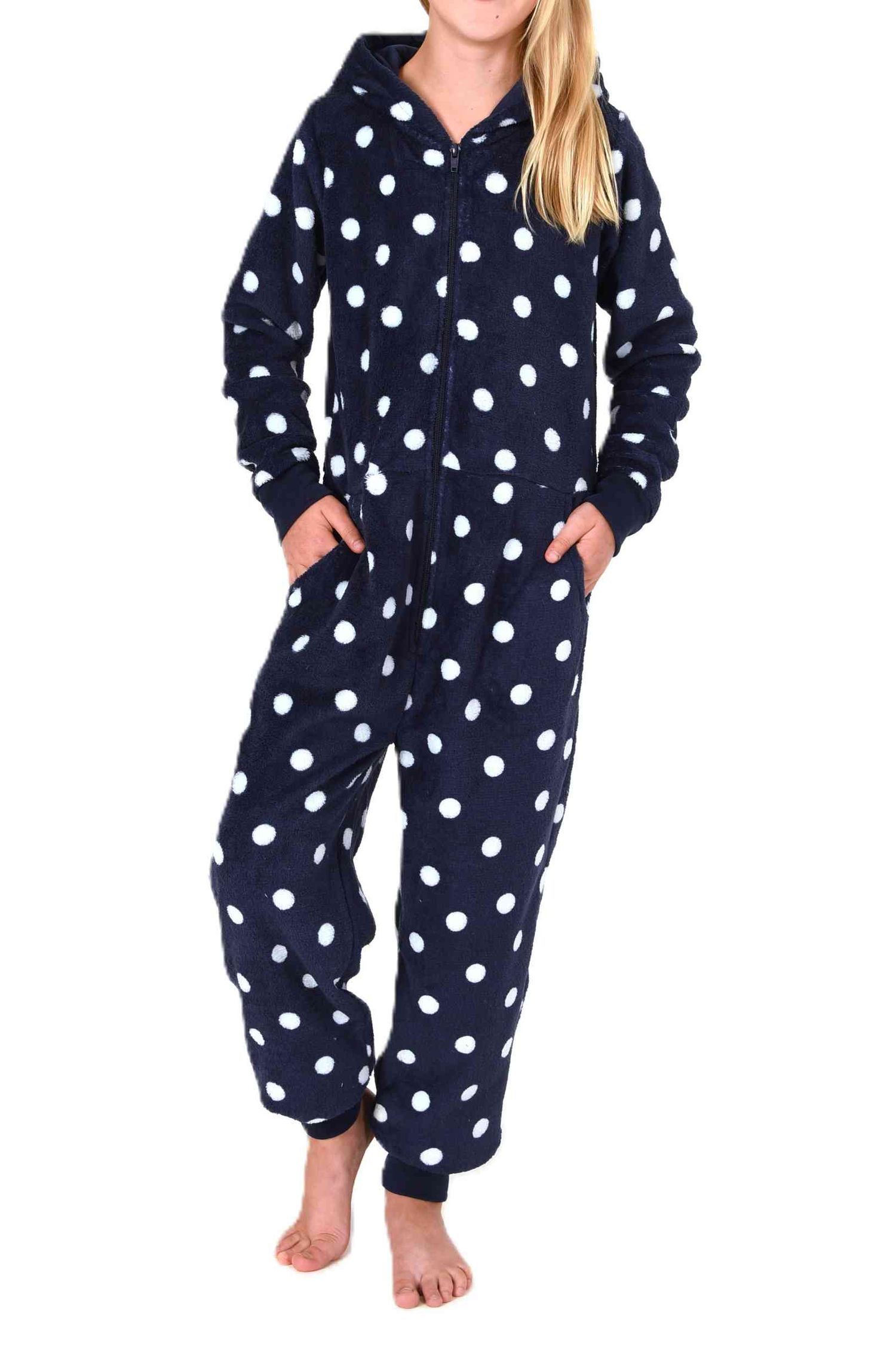 Normann Mädchen Jumpsuit Schlafanzug Overall aus kuscheligen Coralfleece in Tupfen Optik