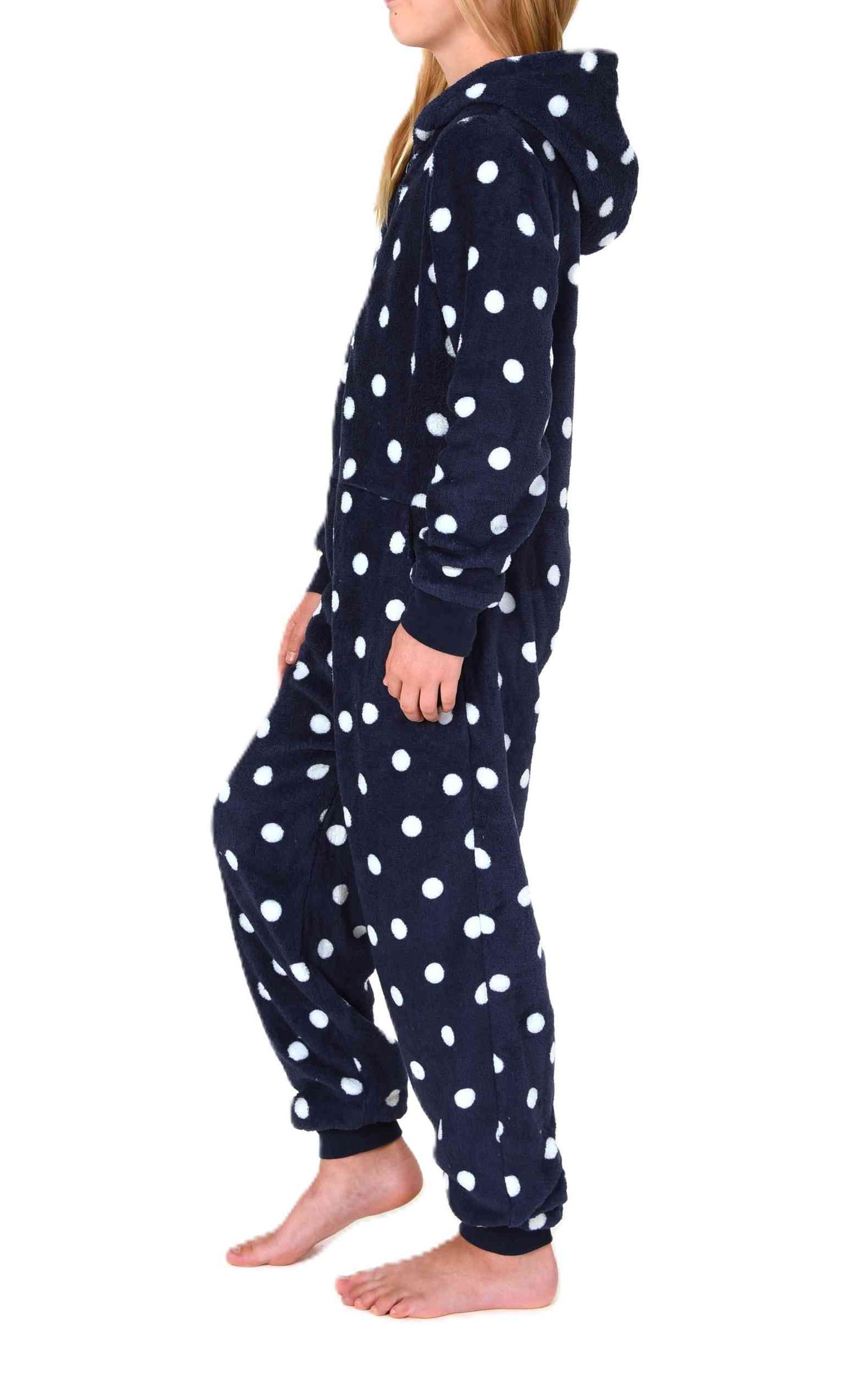 Normann Mädchen Jumpsuit Schlafanzug Overall aus kuscheligen Coralfleece in Tupfen Optik
