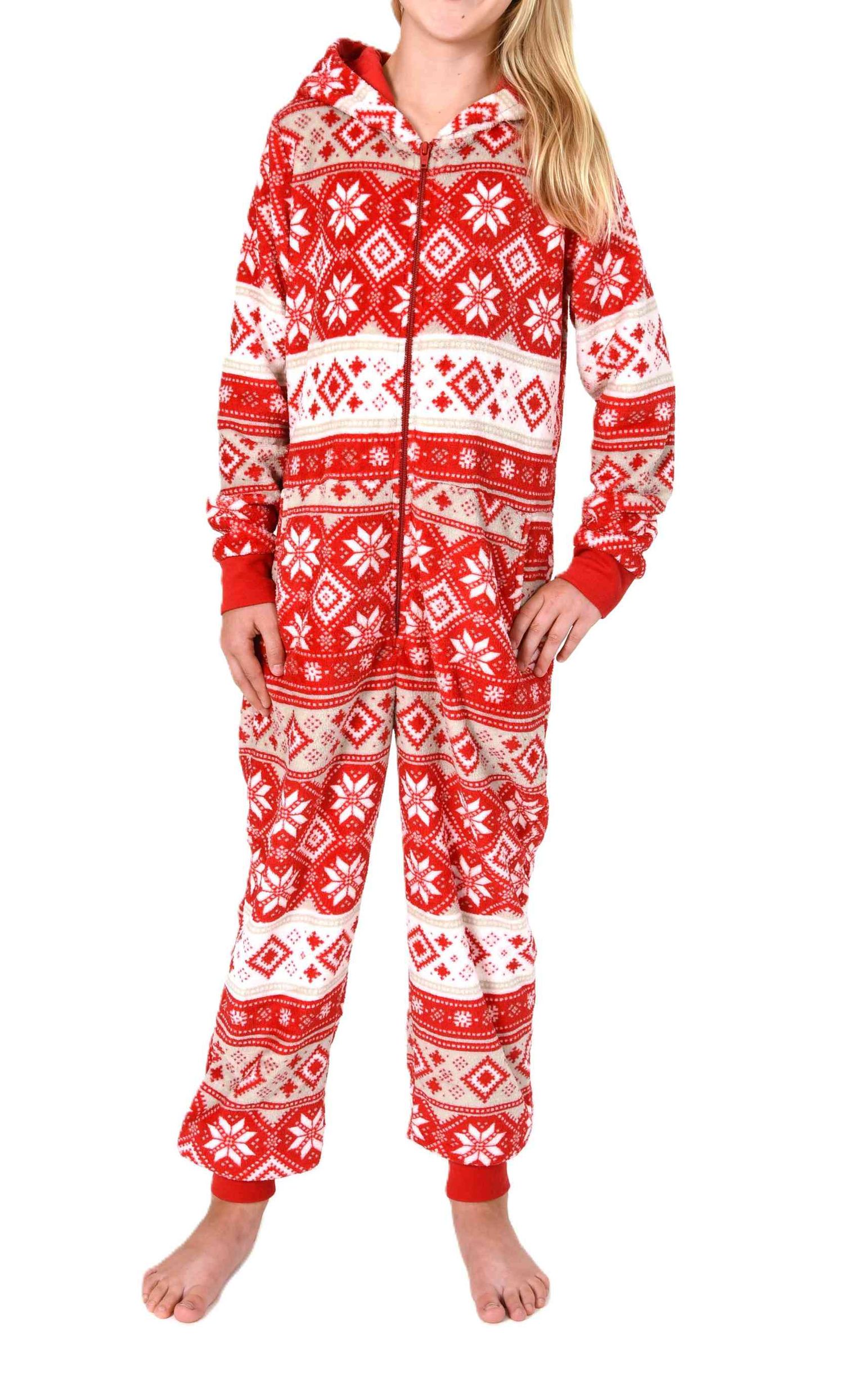 Normann Mädchen Jumpsuit Schlafanzug Overall aus kuscheligen Coralfleece in Norweger Optik