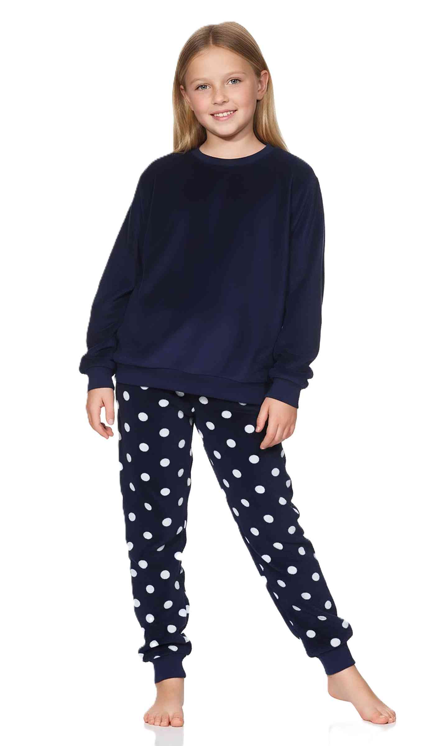 Normann Mädchen Schlafanzug lang mit Bündchen aus kuscheligen Coralfleece in Tupfen Optik