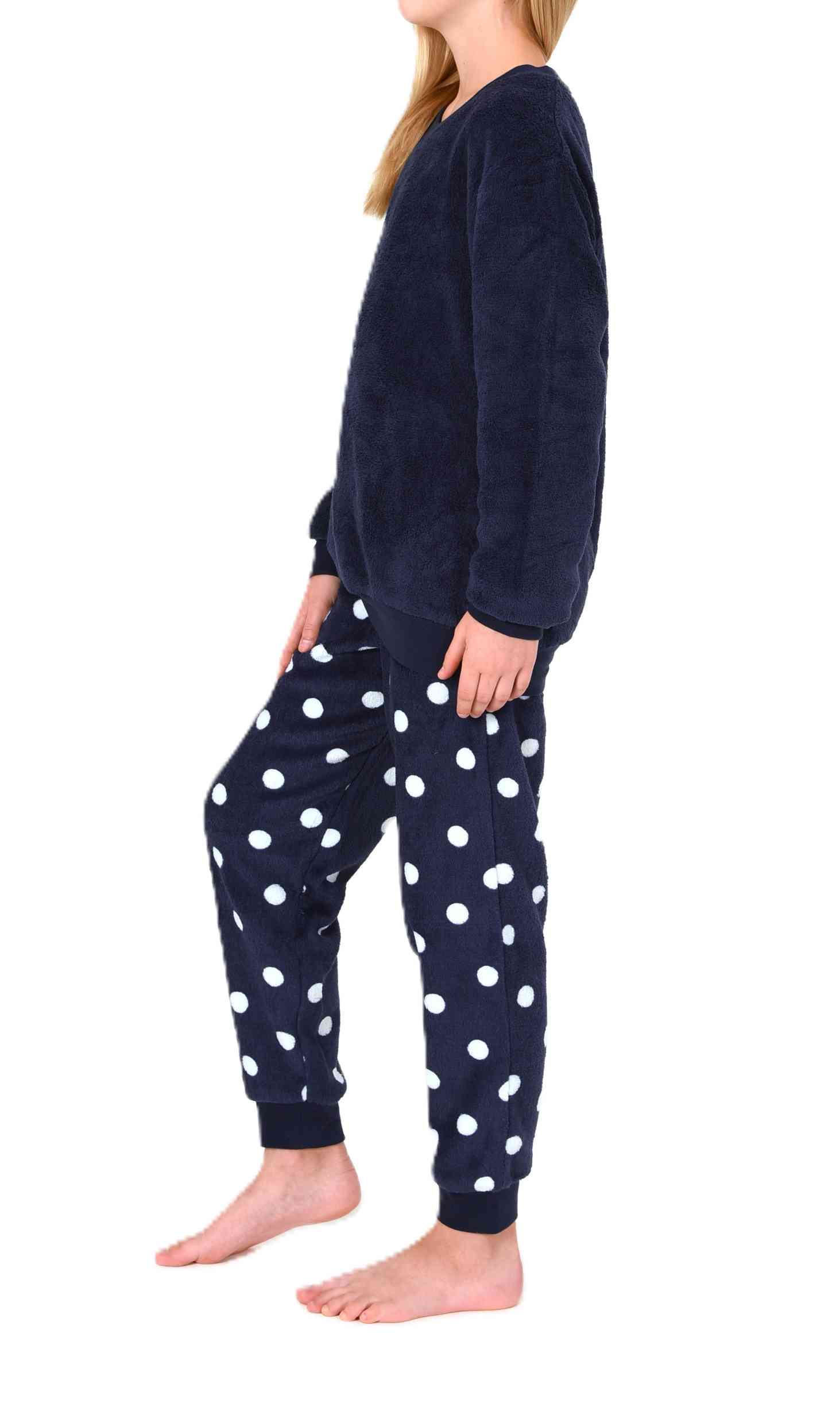 Normann Mädchen Schlafanzug lang mit Bündchen aus kuscheligen Coralfleece in Tupfen Optik