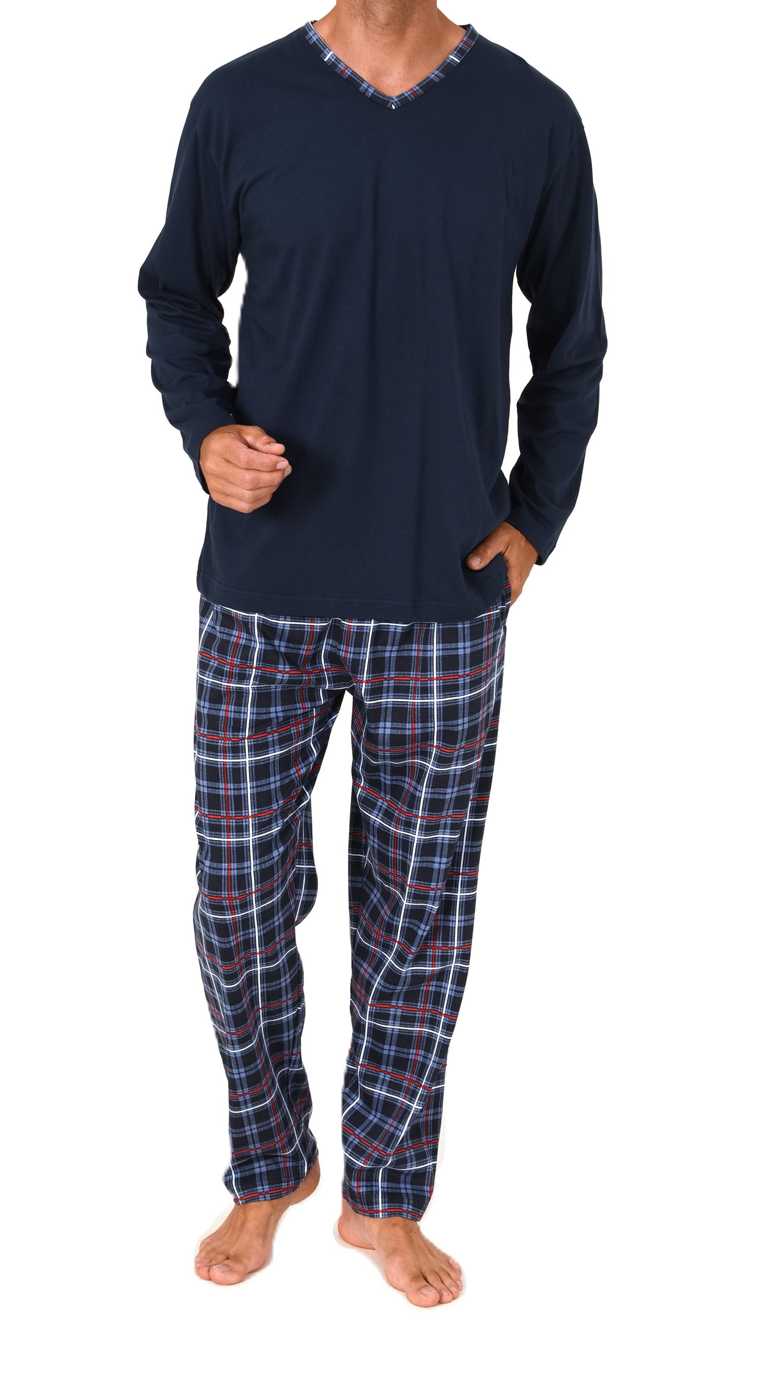 Normann Herren Schlafanzug lang mit Jersey Pyjama Hose in Karo Optik - auch in Übergrößen