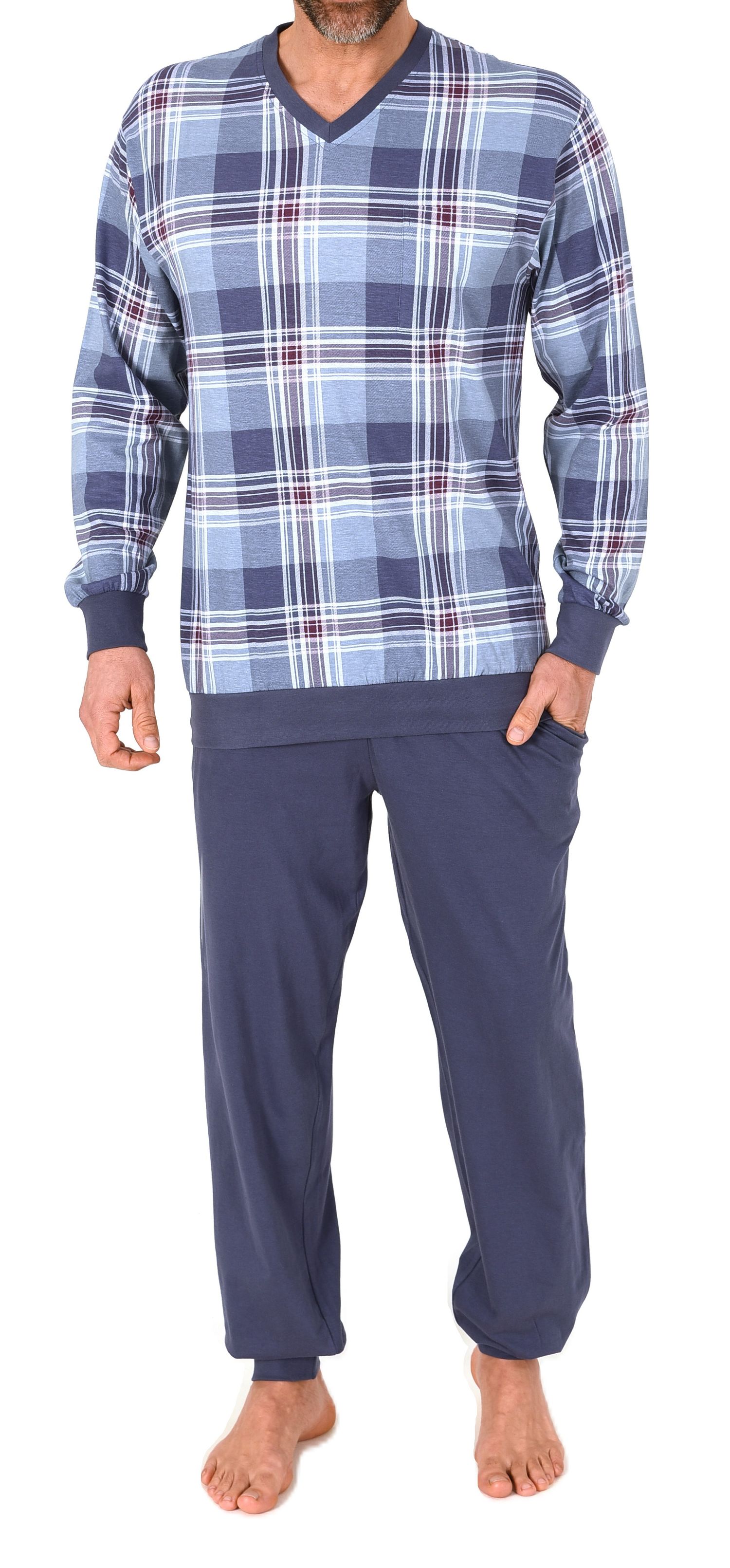 Normann Herren langarm Schlafanzug mit Bündchen – Oberteil kariert – auch in Übergröße