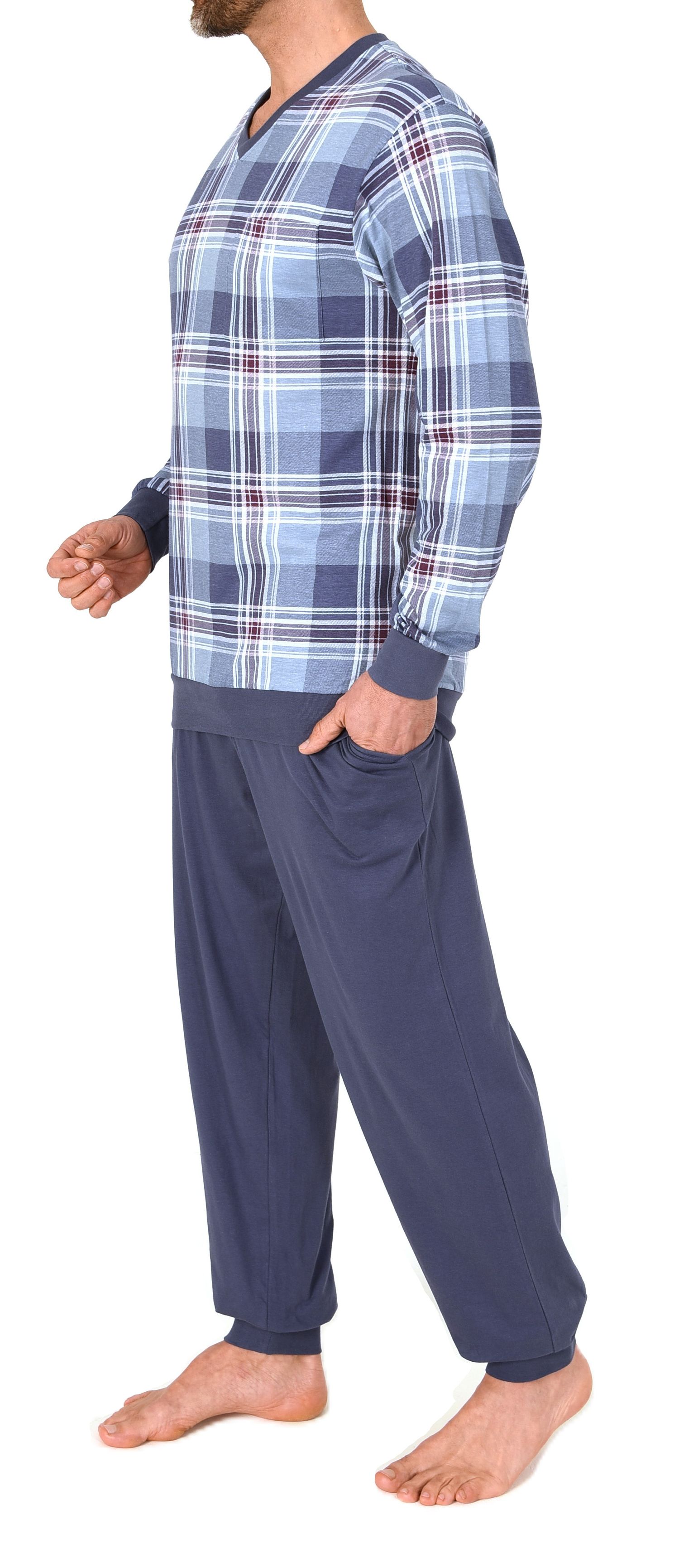 Normann Herren langarm Schlafanzug mit Bündchen – Oberteil kariert – auch in Übergröße