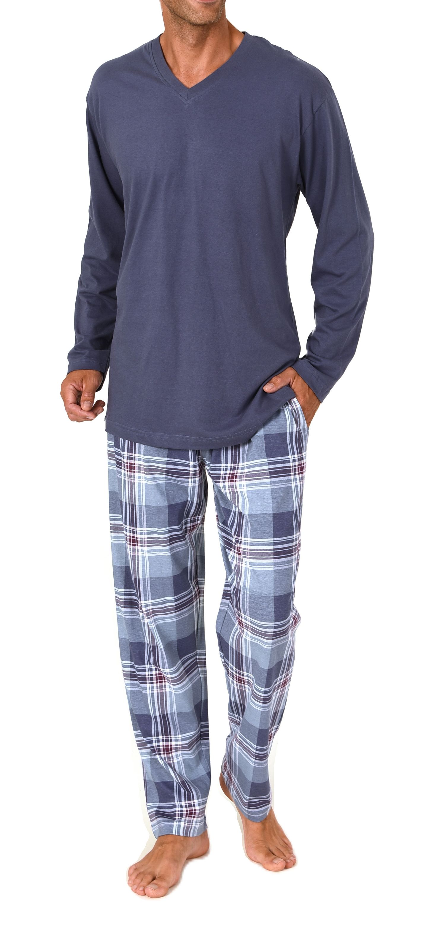 Normann Herren Schlafanzug lang mit karierter Single Jersey Pyjamahose – auch in Übergröße