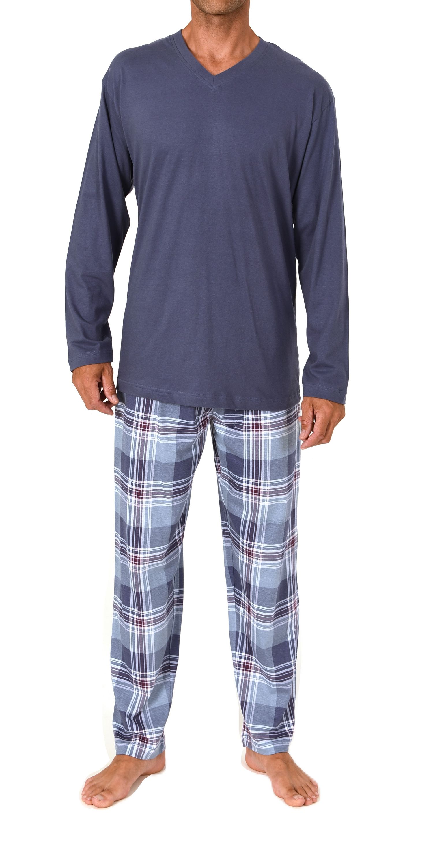 Normann Herren Schlafanzug lang mit karierter Single Jersey Pyjamahose – auch in Übergröße