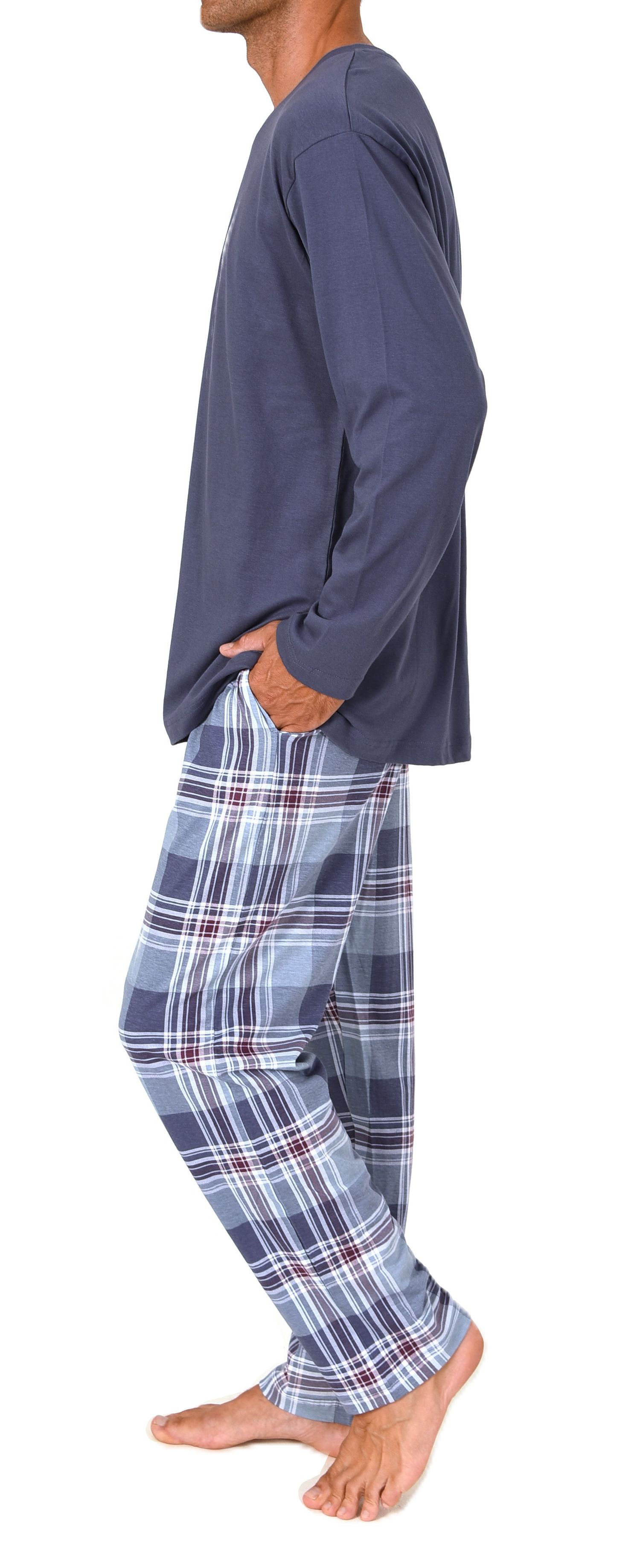 Normann Herren Schlafanzug lang mit karierter Single Jersey Pyjamahose – auch in Übergröße