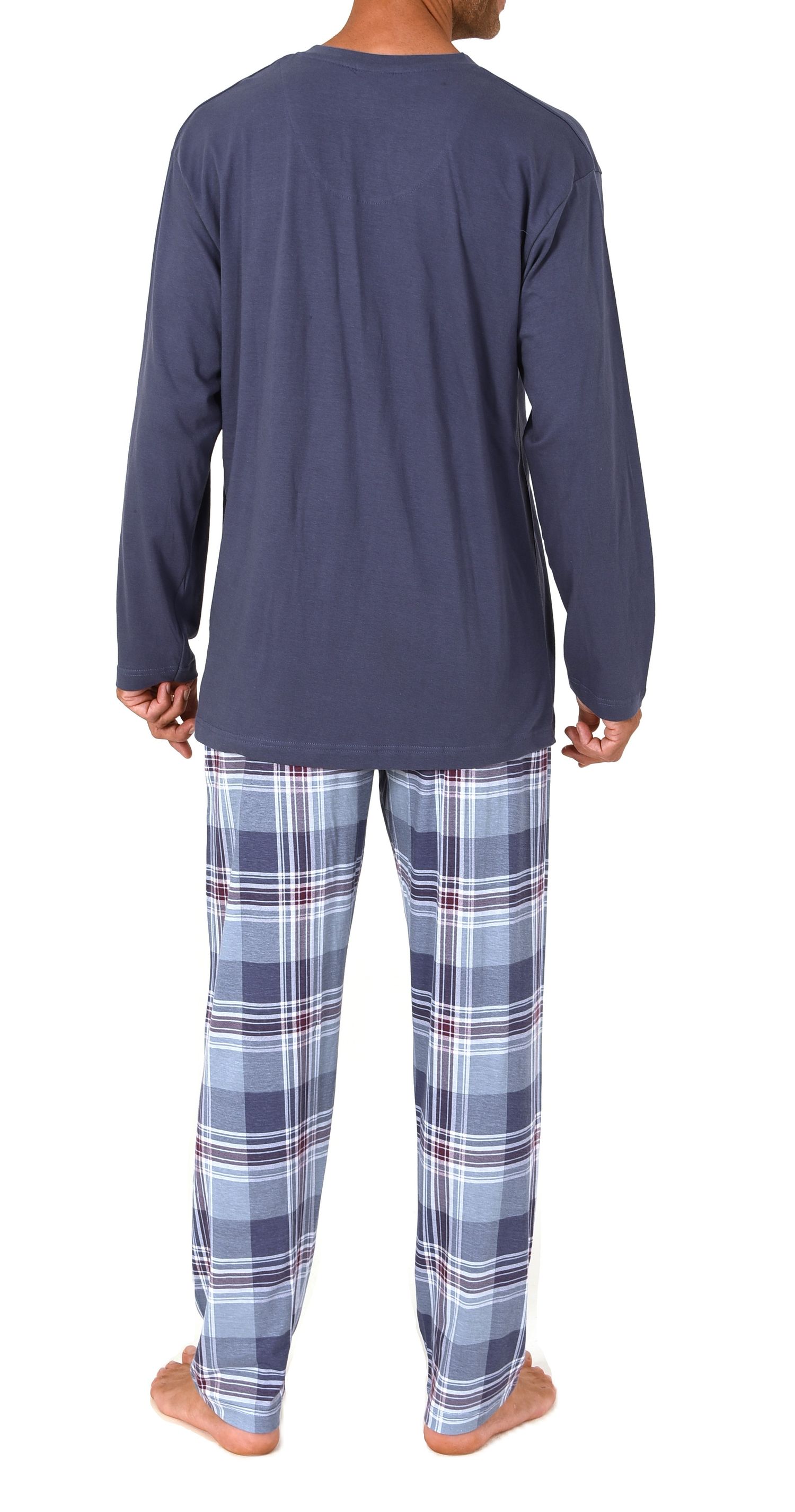 Normann Herren Schlafanzug lang mit karierter Single Jersey Pyjamahose – auch in Übergröße