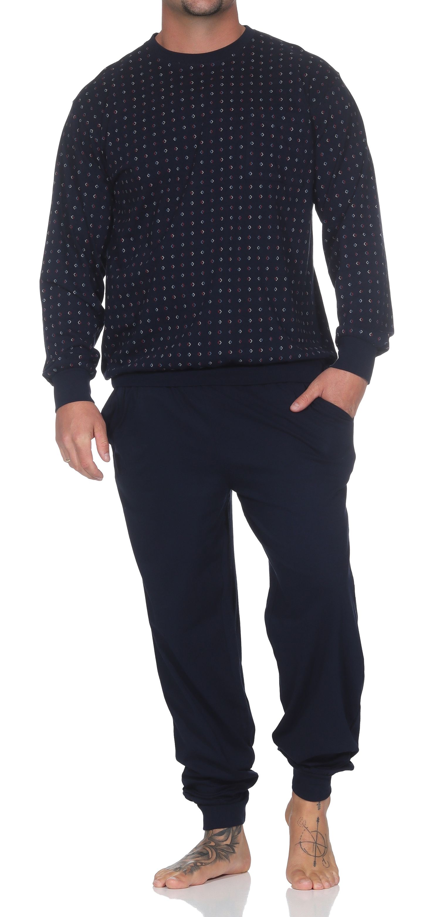 Normann Herren Schlafanzug langarm mit Bündchen aus Baumwolle – Pyjama auch in Übergrößen