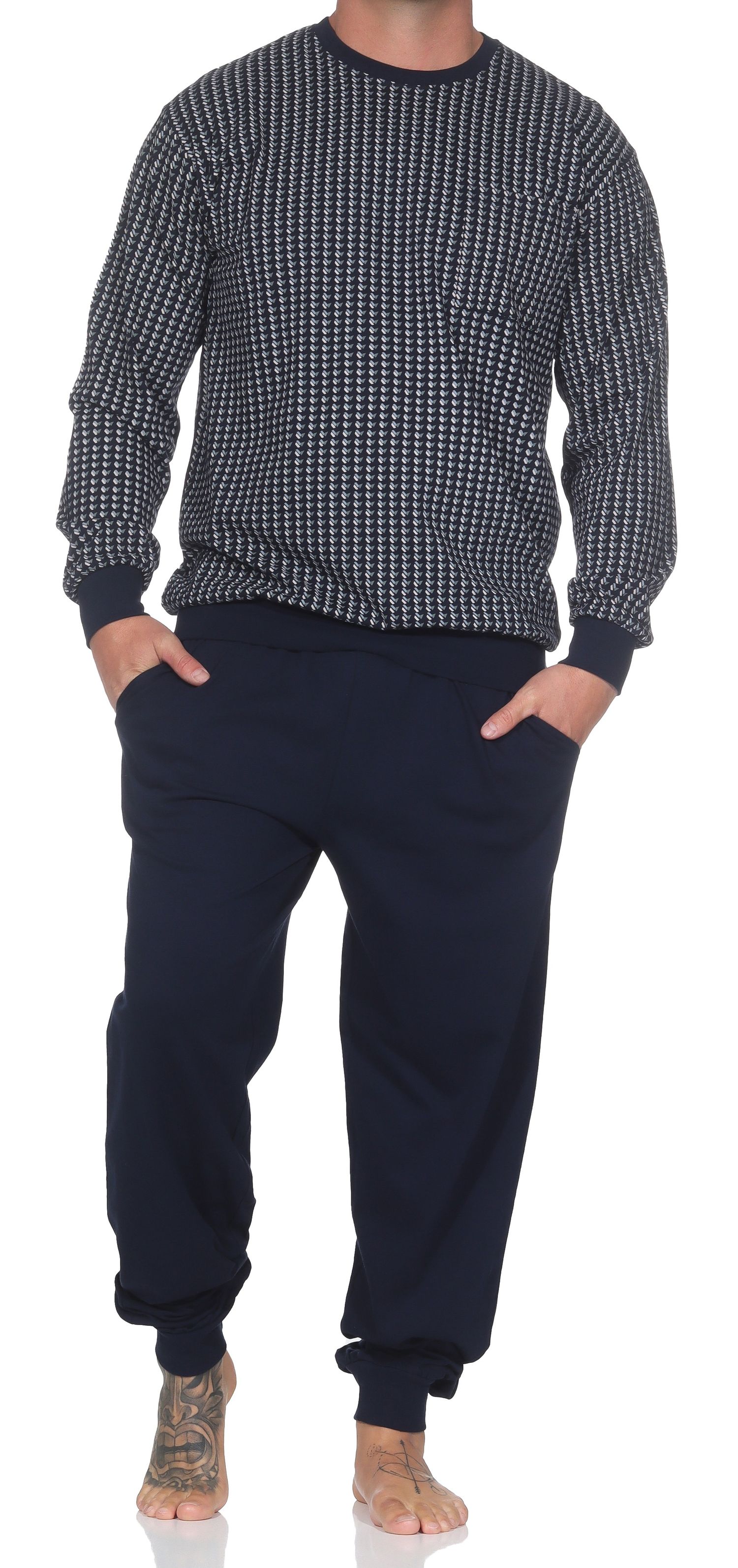 Normann Herren Schlafanzug langarm mit Bündchen aus Baumwolle – Pyjama auch in Übergrößen