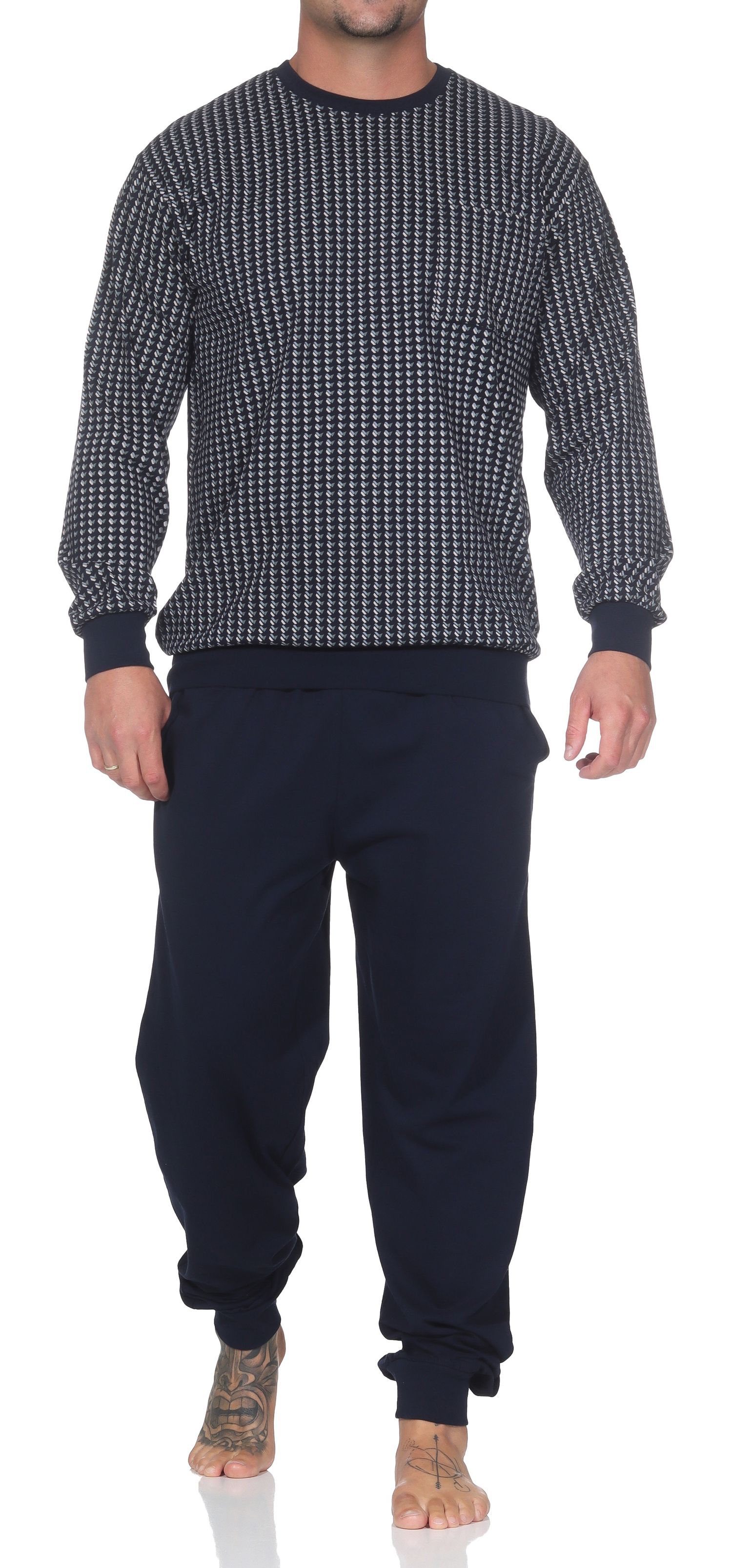 Normann Herren Schlafanzug langarm mit Bündchen aus Baumwolle – Pyjama auch in Übergrößen