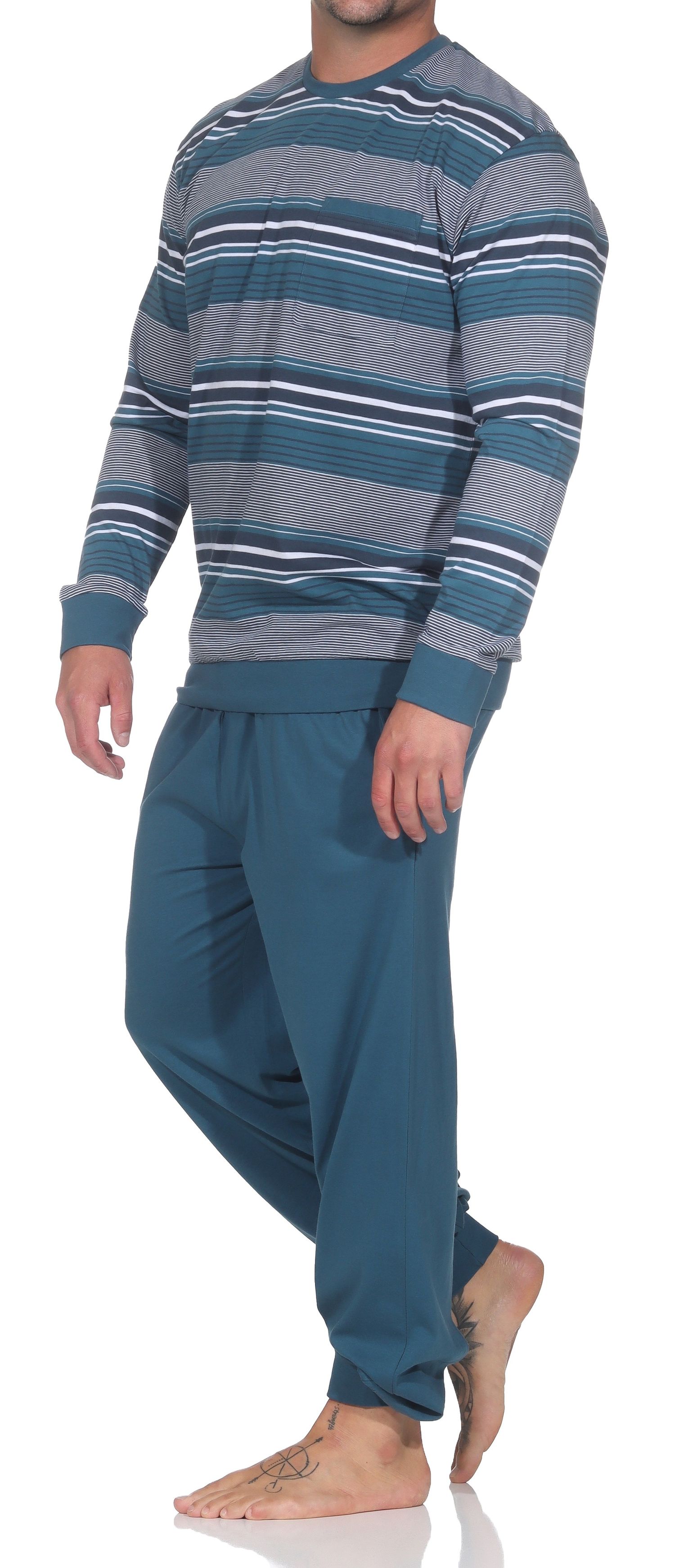 Normann Herren Schlafanzug lang mit Bündchen in edler Streifenoptik - auch in Übergrössen