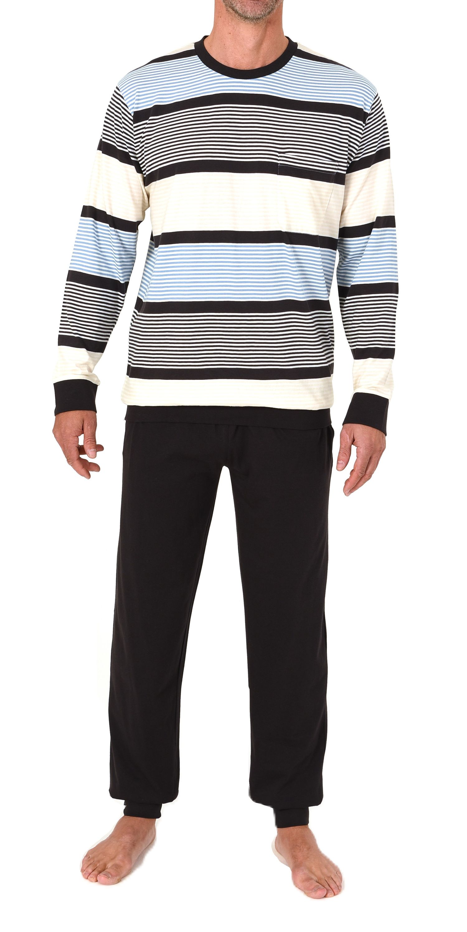 Normann Herren Schlafanzug lang mit Bündchen in edler Streifenoptik - auch in Übergrössen