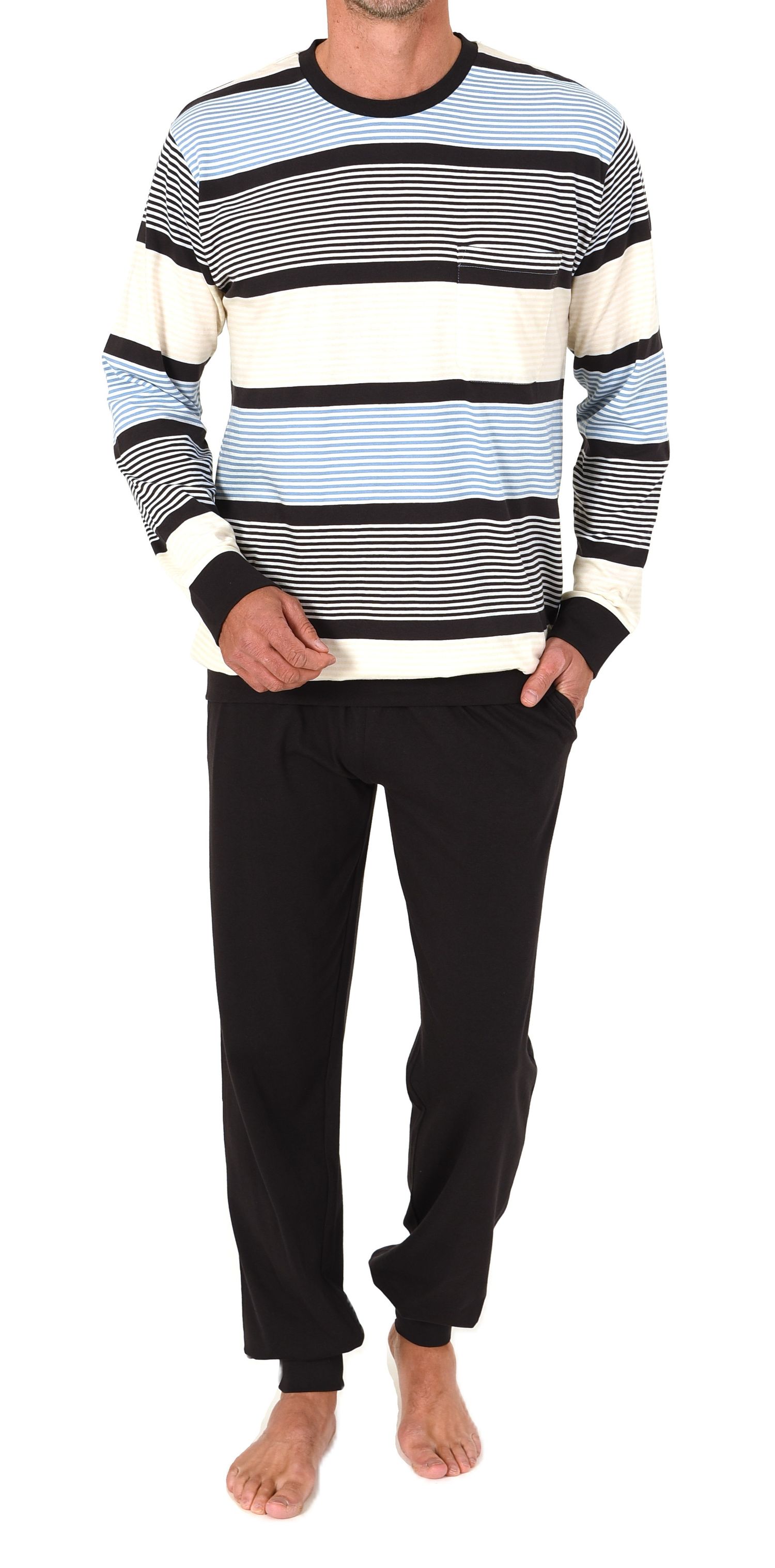 Normann Herren Schlafanzug lang mit Bündchen in edler Streifenoptik - auch in Übergrössen