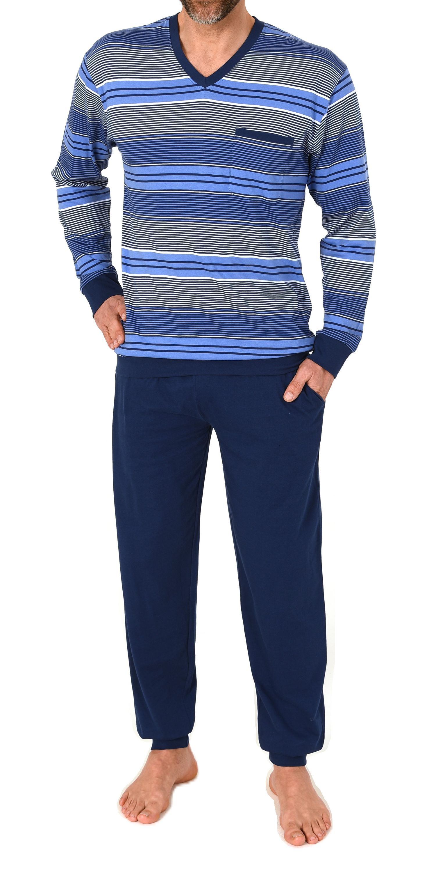 Normann Herren Schlafanzug lang Pyjama mit Bündchen in Streifenoptik – auch in Übergröße