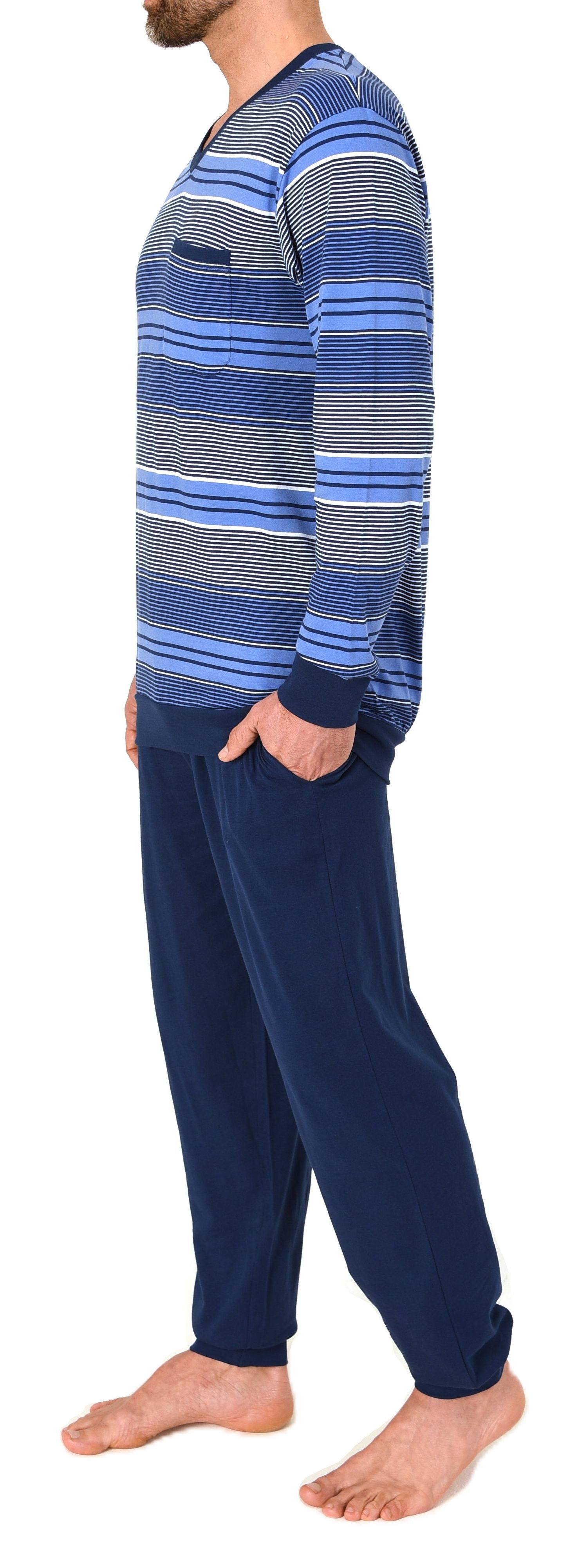 Normann Herren Schlafanzug lang Pyjama mit Bündchen in Streifenoptik – auch in Übergröße