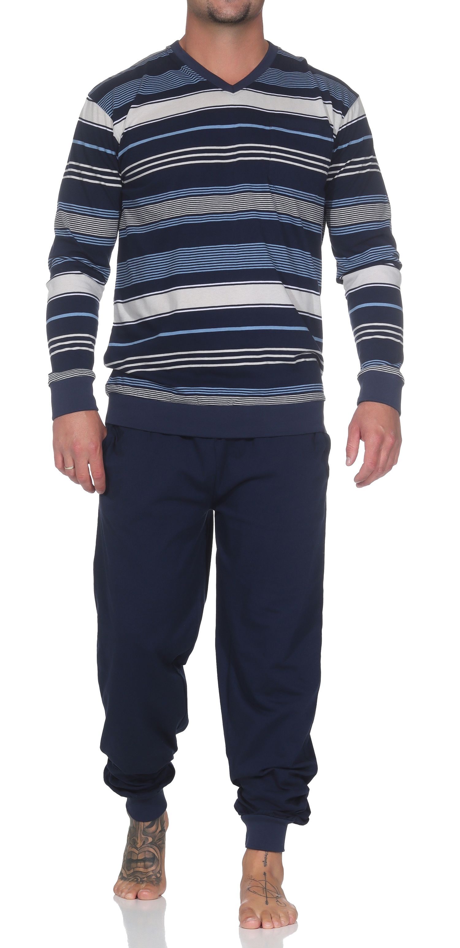 Normann Herren Schlafanzug langarm mit Bündchen in Streifen-Design – auch in Übergröße Normann Herren Schlafanzug langarm mit Bündchen in Streifen-Design – auch in Übergröße