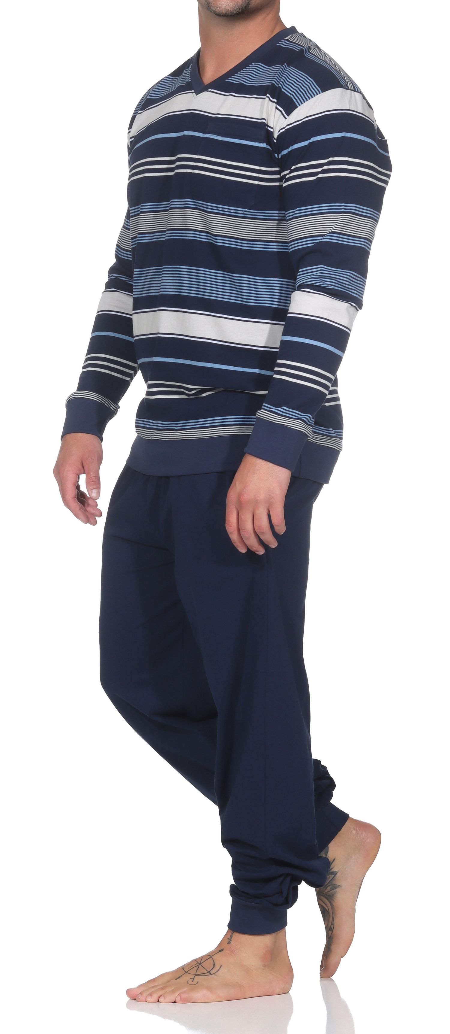 Normann Herren Schlafanzug langarm mit Bündchen in Streifen-Design – auch in Übergröße Normann Herren Schlafanzug langarm mit Bündchen in Streifen-Design – auch in Übergröße
