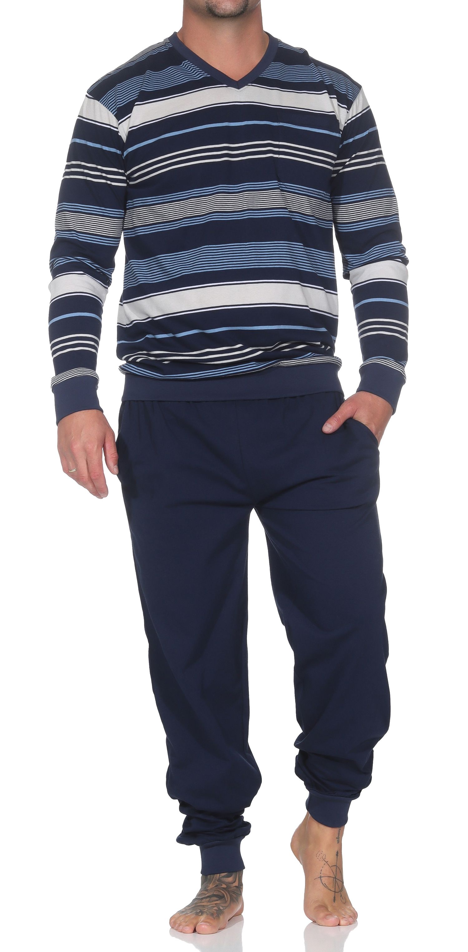 Normann Herren Schlafanzug langarm mit Bündchen in Streifen-Design – auch in Übergröße