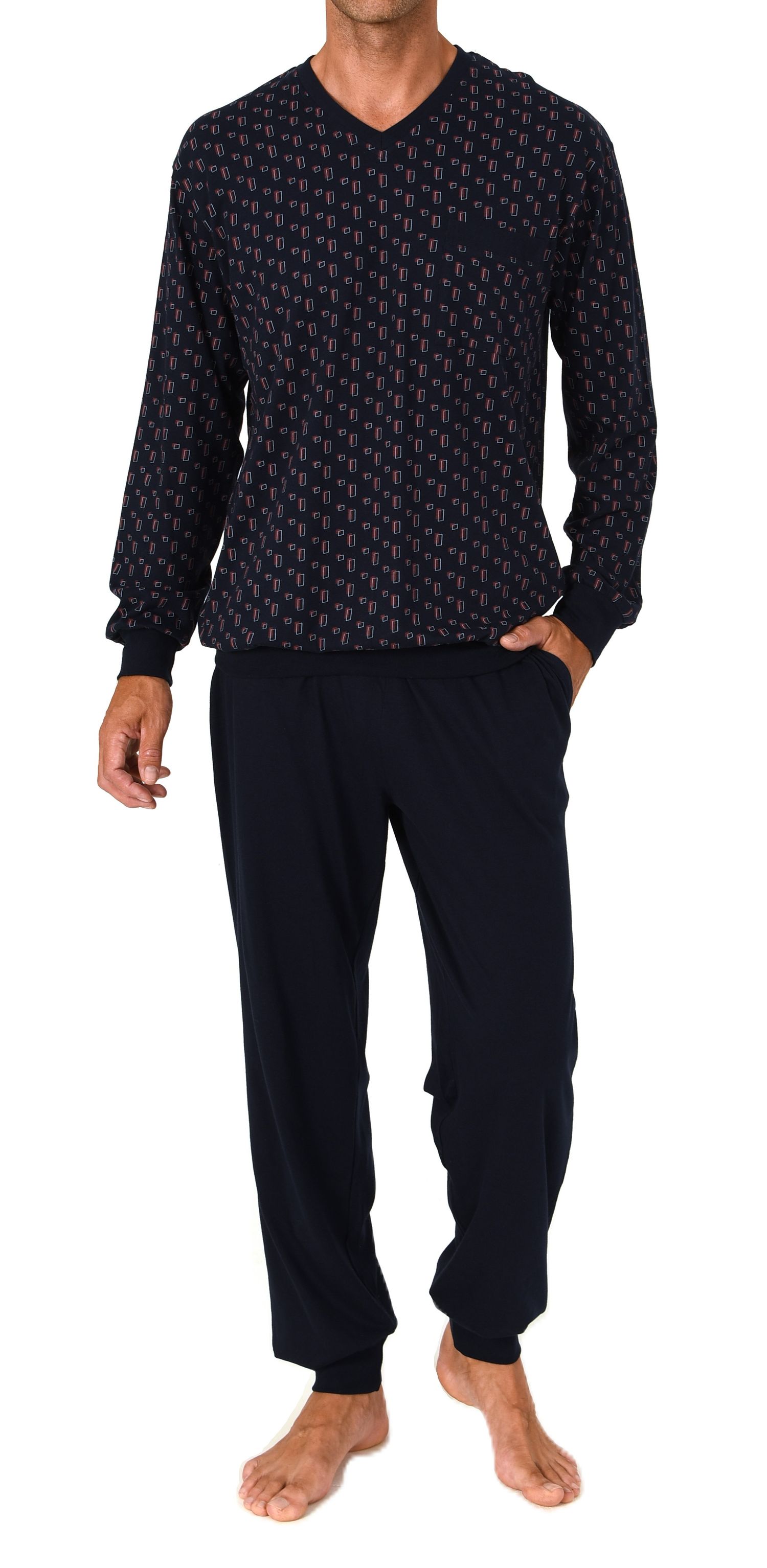 Normann Herren Schlafanzug lang – Pyjama mit Bündchen, Minimal-Design und V-Hals