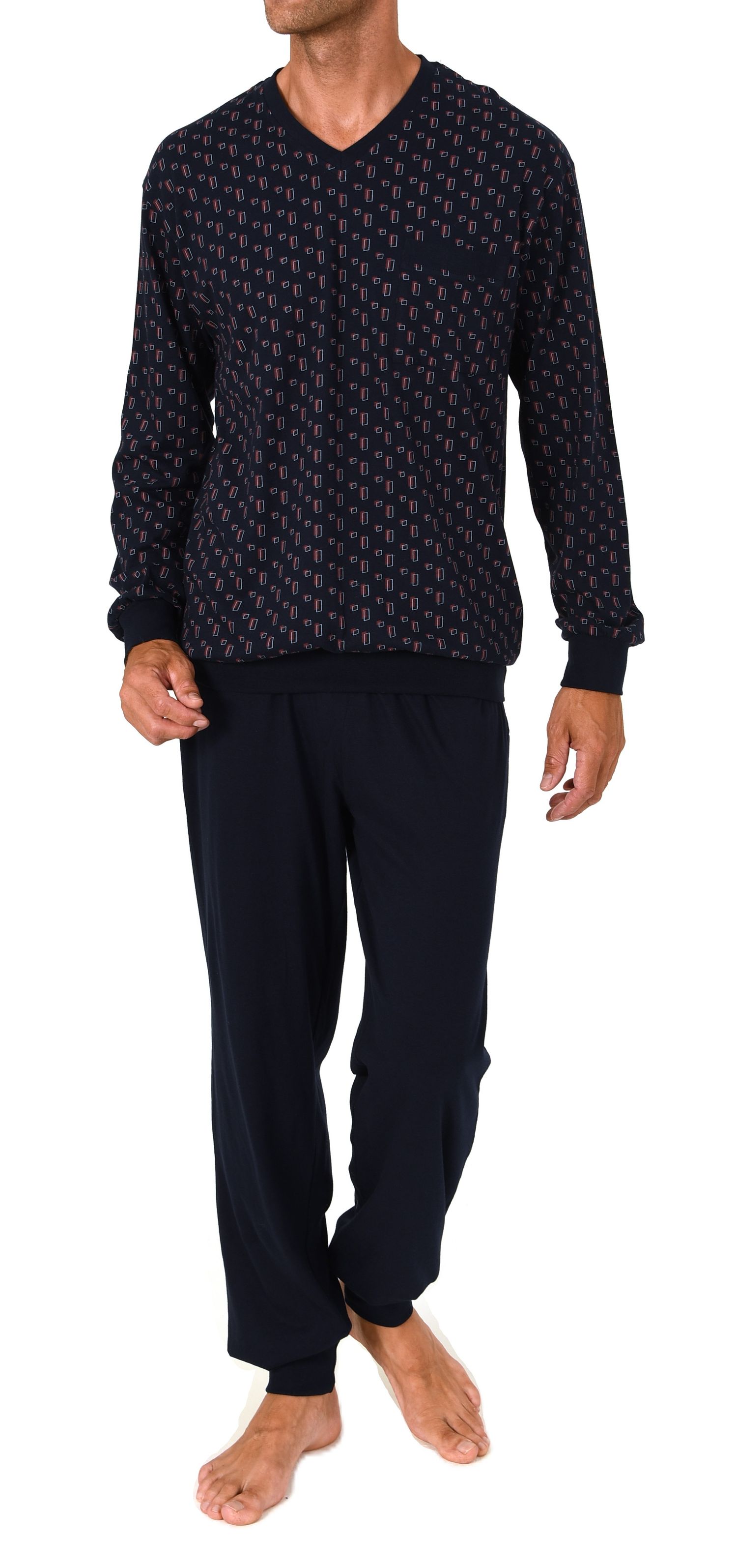 Normann Herren Schlafanzug lang – Pyjama mit Bündchen, Minimal-Design und V-Hals
