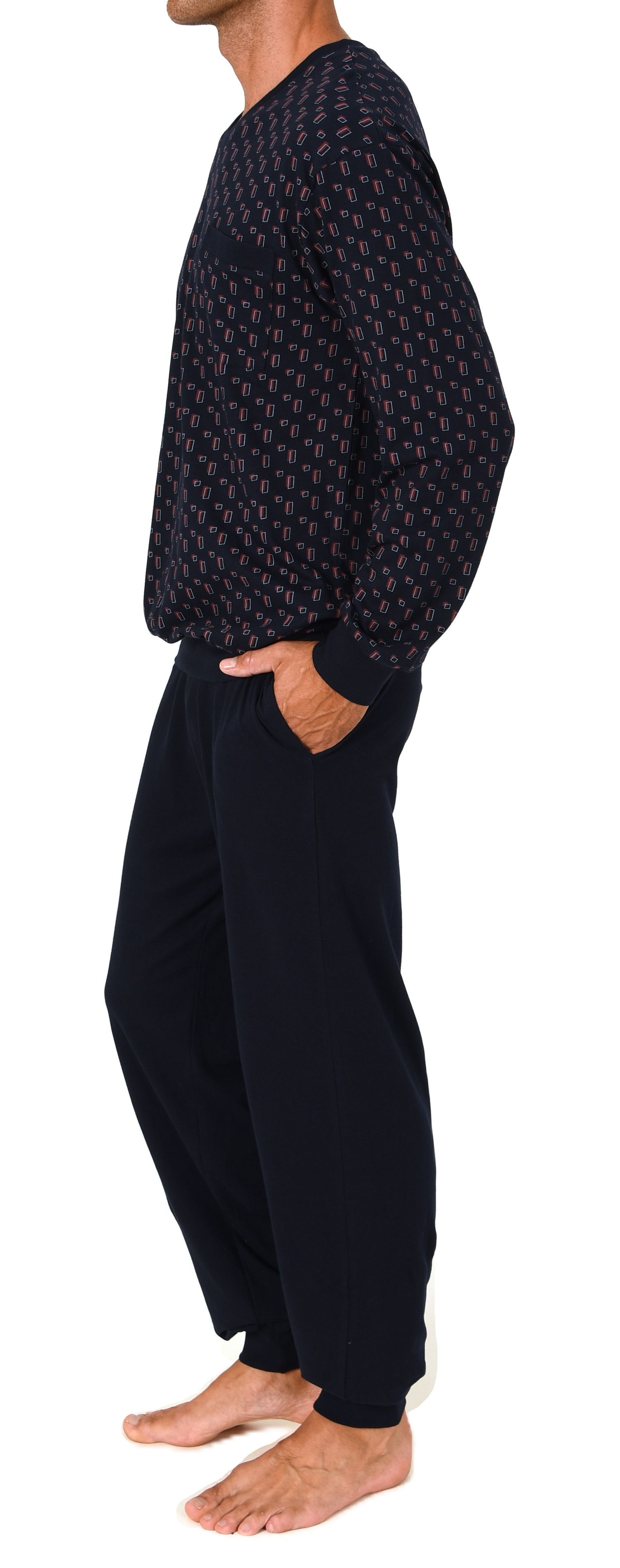 Normann Herren Schlafanzug lang – Pyjama mit Bündchen, Minimal-Design und V-Hals