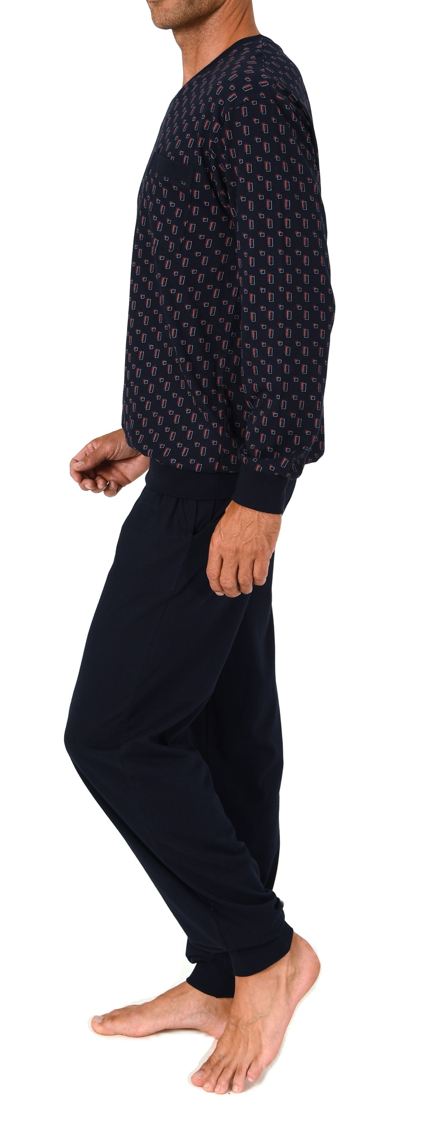 Normann Herren Schlafanzug lang – Pyjama mit Bündchen, Minimal-Design und V-Hals