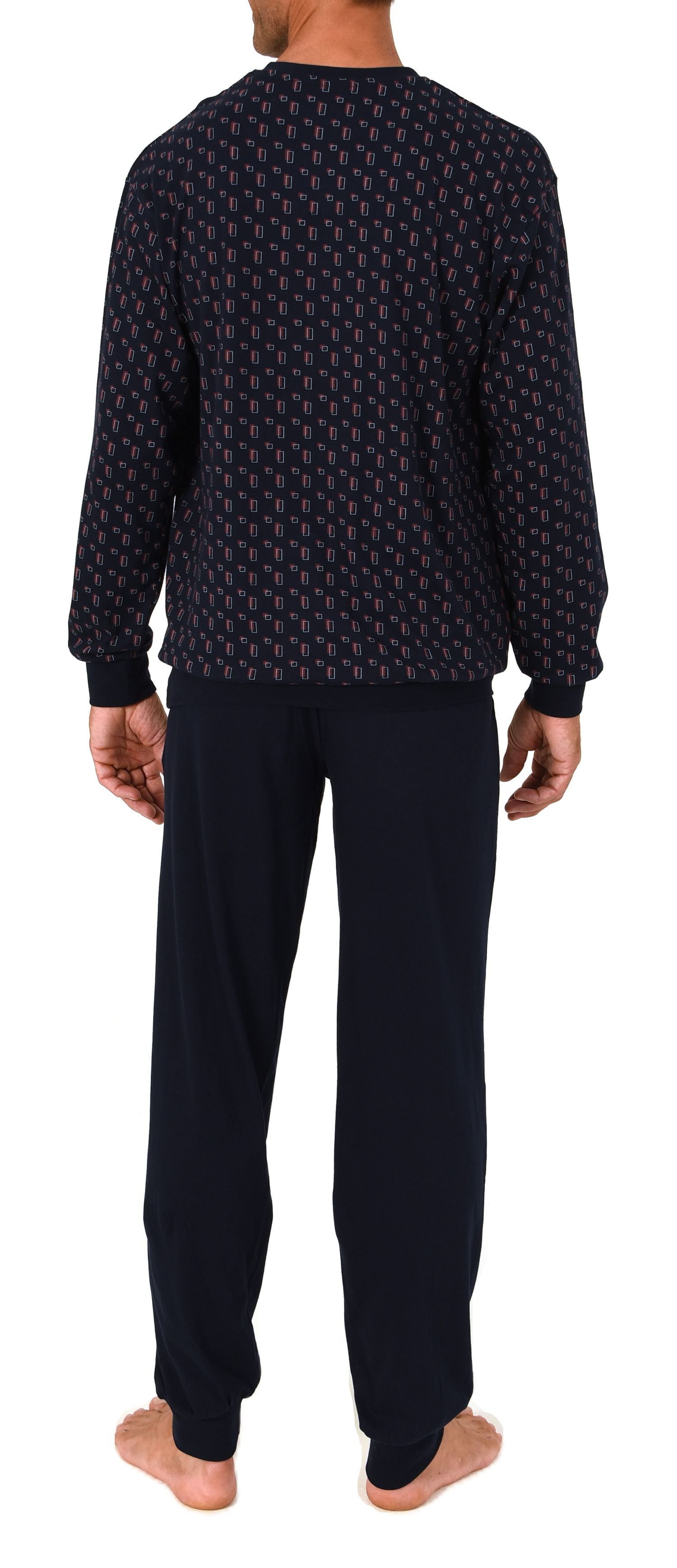 Normann Herren Schlafanzug lang – Pyjama mit Bündchen, Minimal-Design und V-Hals