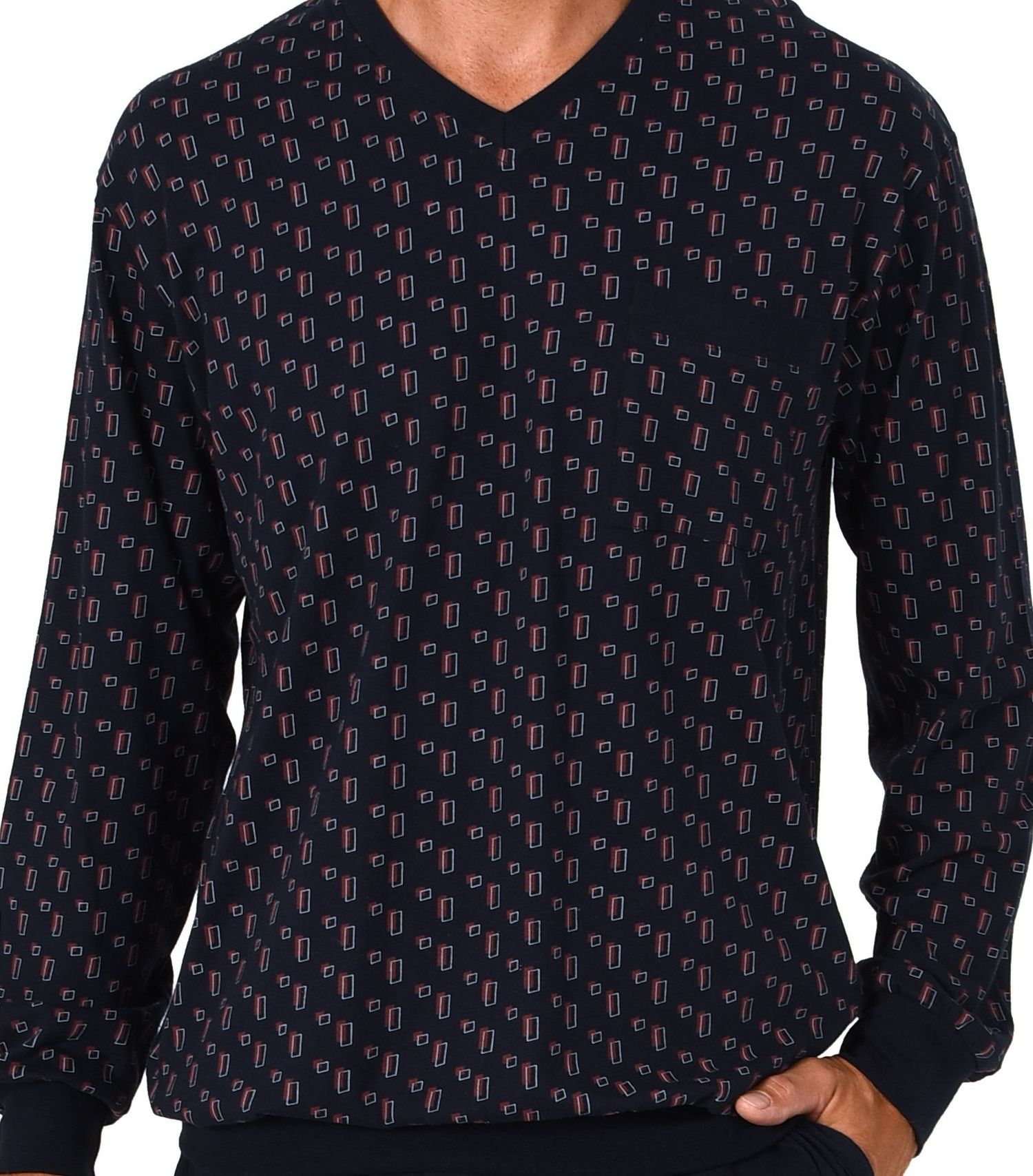 Normann Herren Schlafanzug lang – Pyjama mit Bündchen, Minimal-Design und V-Hals