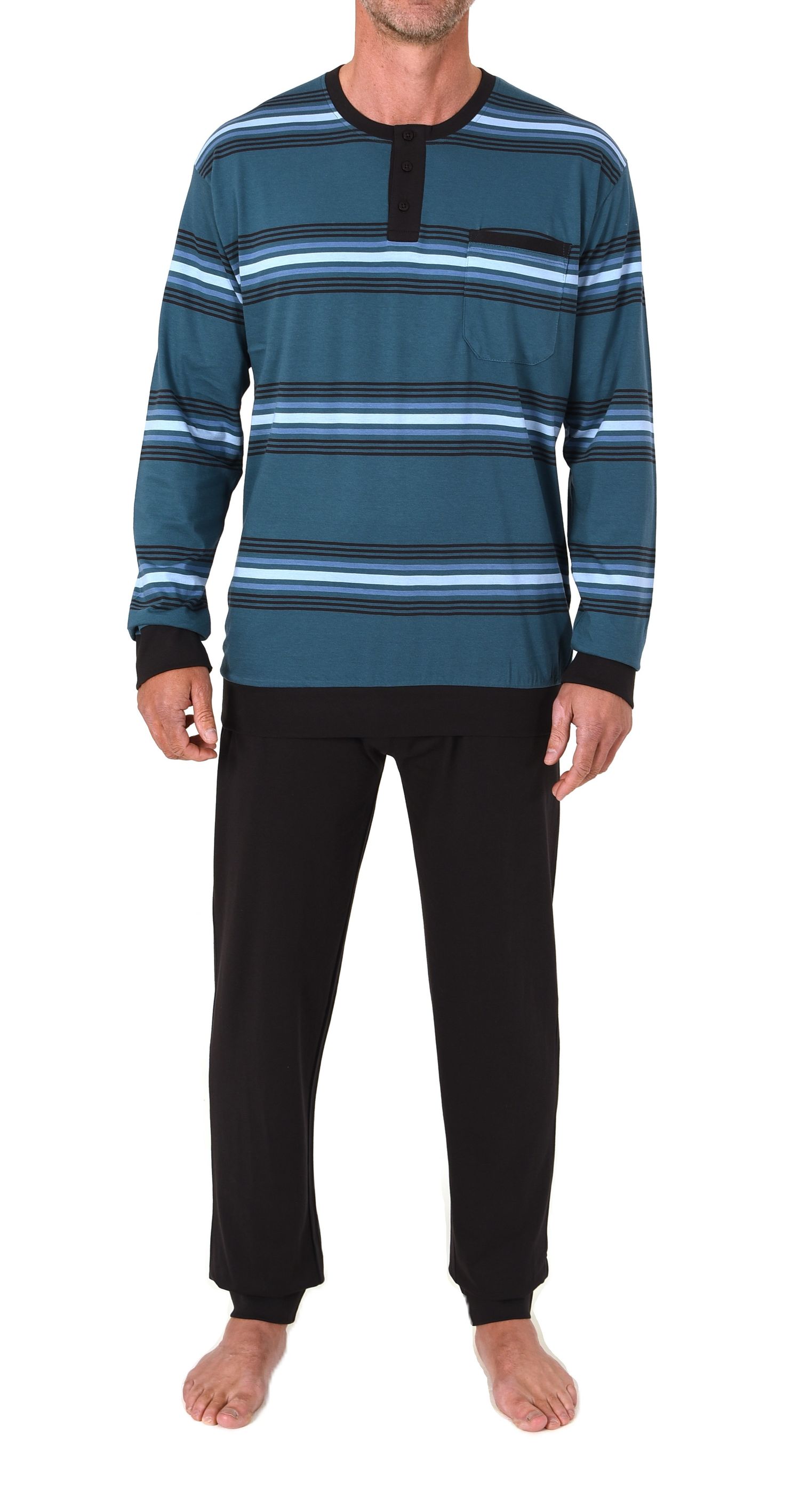 Normann Herren Schlafanzug lang mit Bündchen und Knopfleiste am Hals - auch in Übergröße