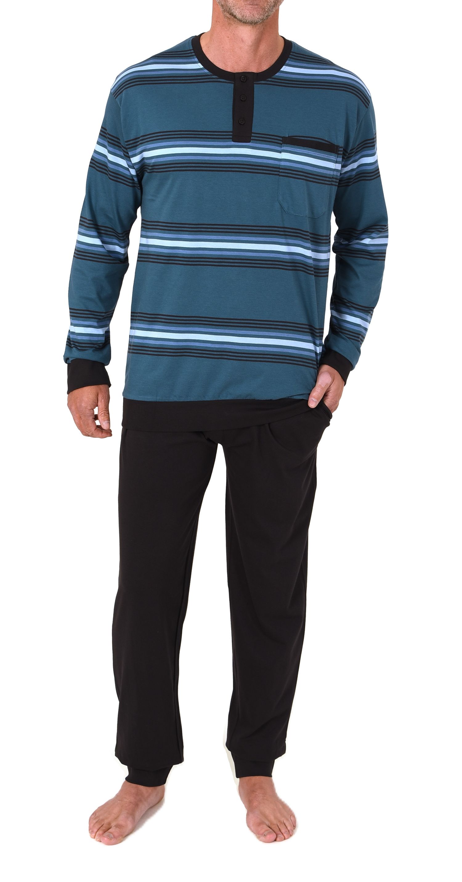 Normann Herren Schlafanzug lang mit Bündchen und Knopfleiste am Hals - auch in Übergröße