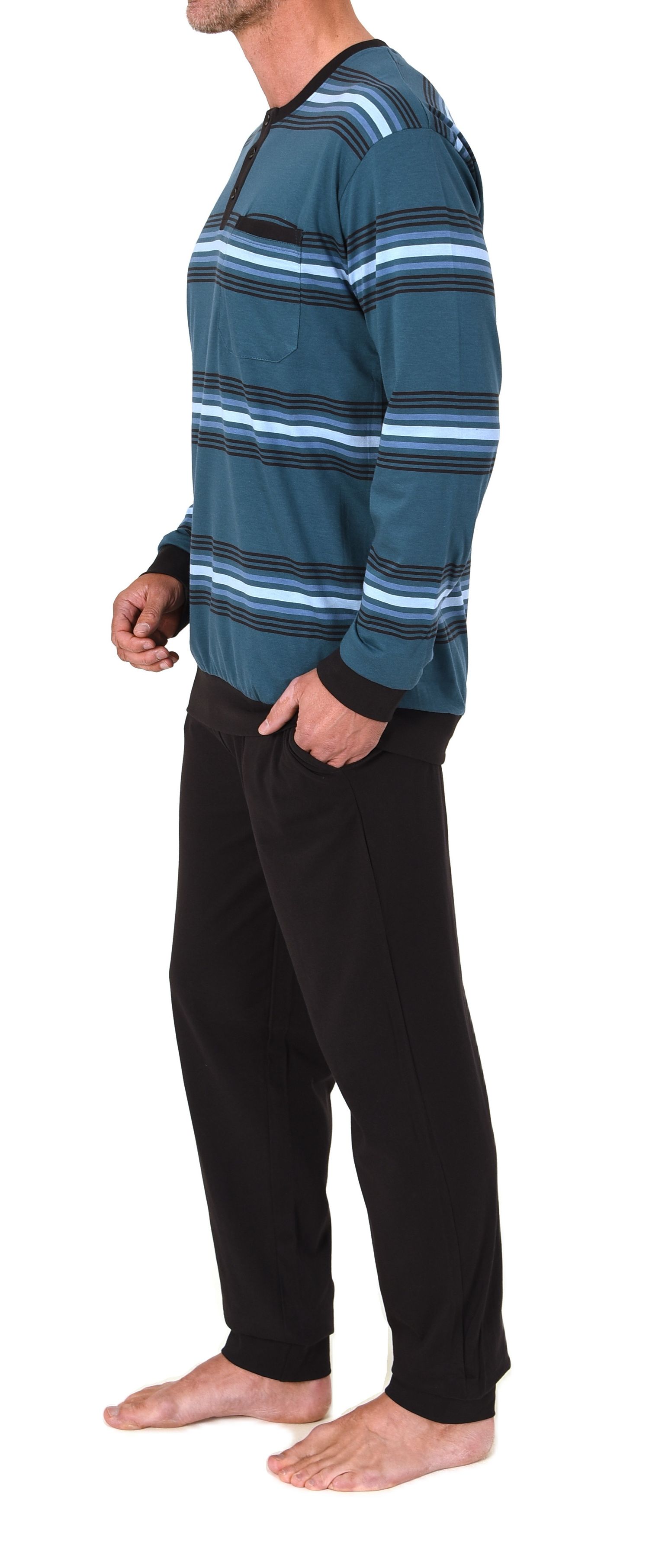Normann Herren Schlafanzug lang mit Bündchen und Knopfleiste am Hals - auch in Übergröße