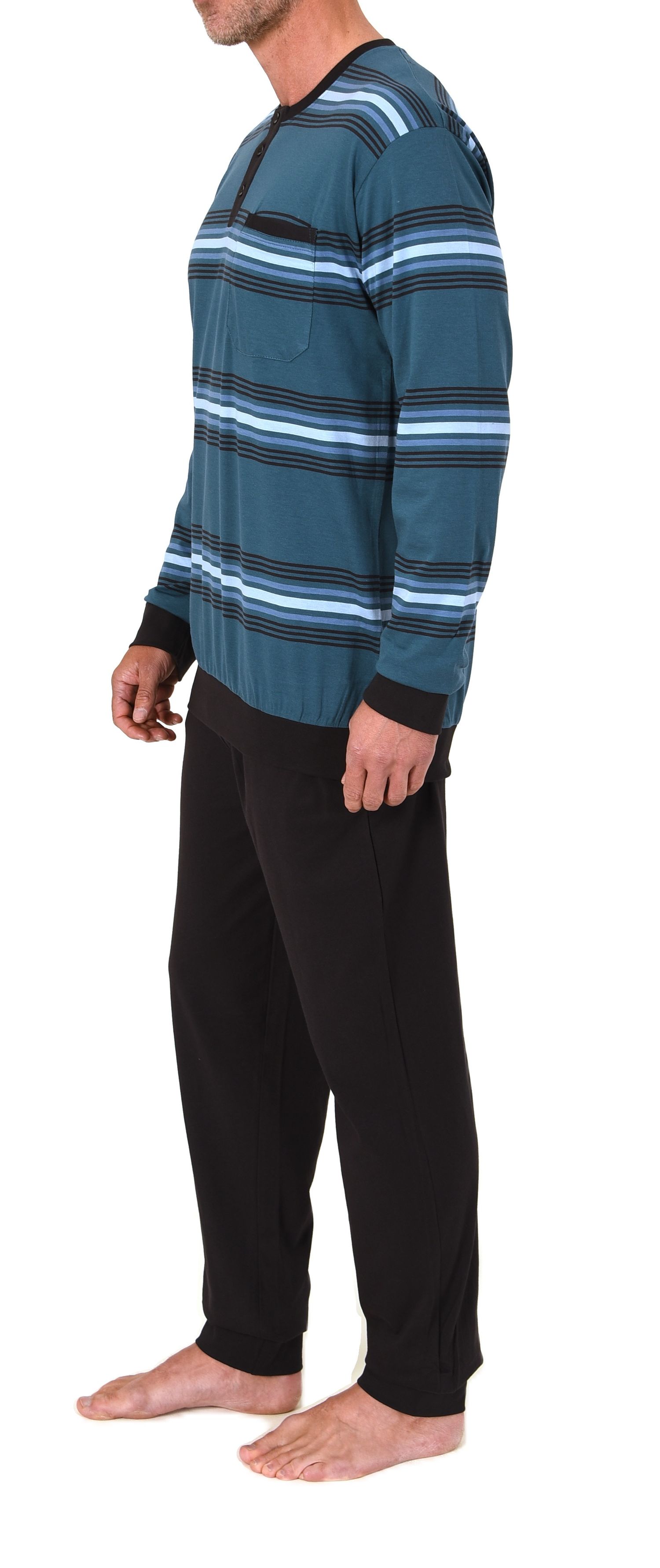 Normann Herren Schlafanzug lang mit Bündchen und Knopfleiste am Hals - auch in Übergröße