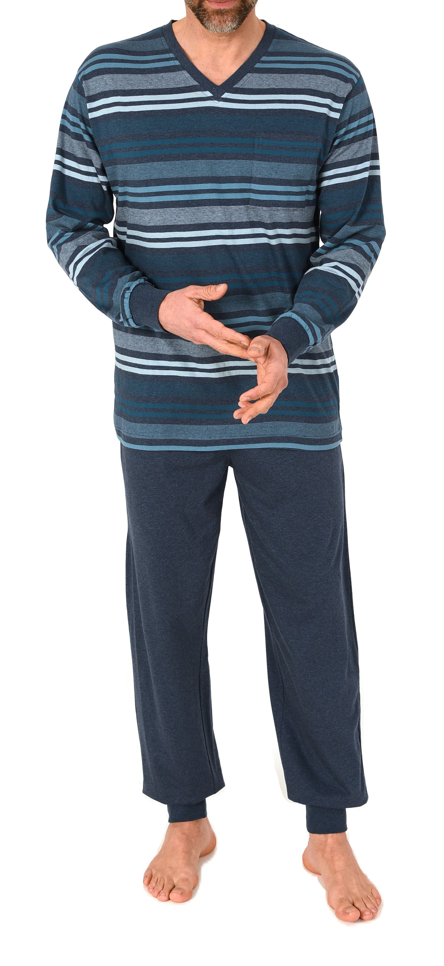 Normann Herren Schlafanzug lang mit Bündchen in edler Streifenoptik - auch in Übergröße