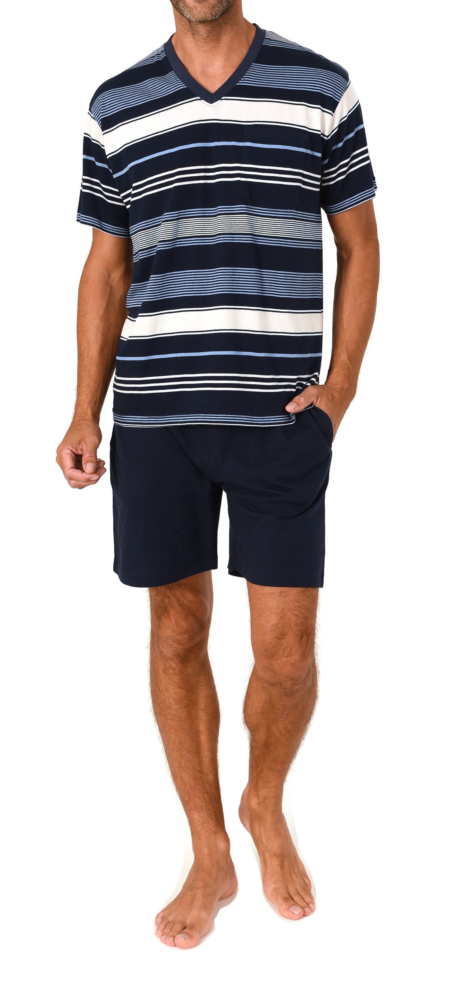 Normann Herren Schlafanzug Shorty kurzarm Pyjama mit V-Hals – auch in Übergröße