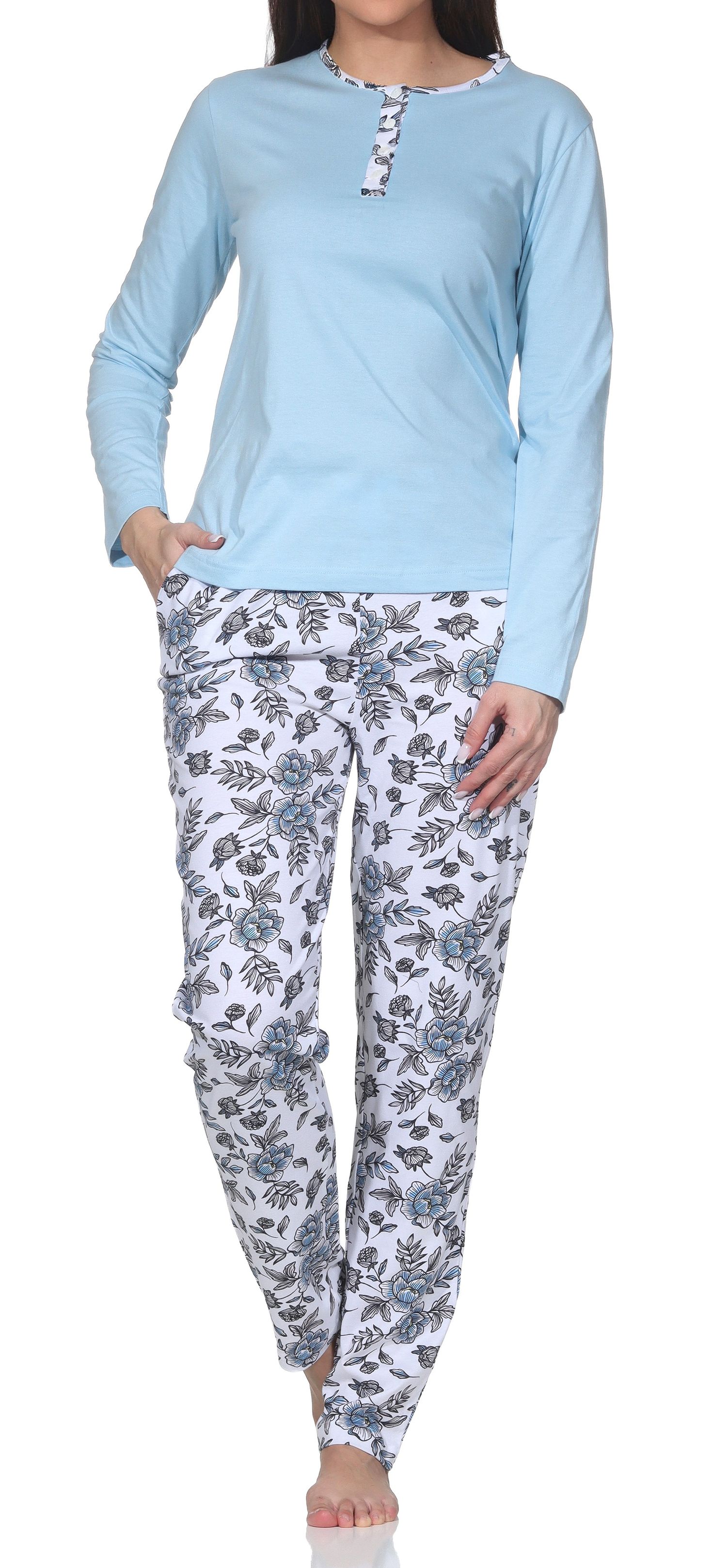 Normann Damen Pyjama Schlafanzug lang mit Hose in floralem Print - auch in Übergrössen