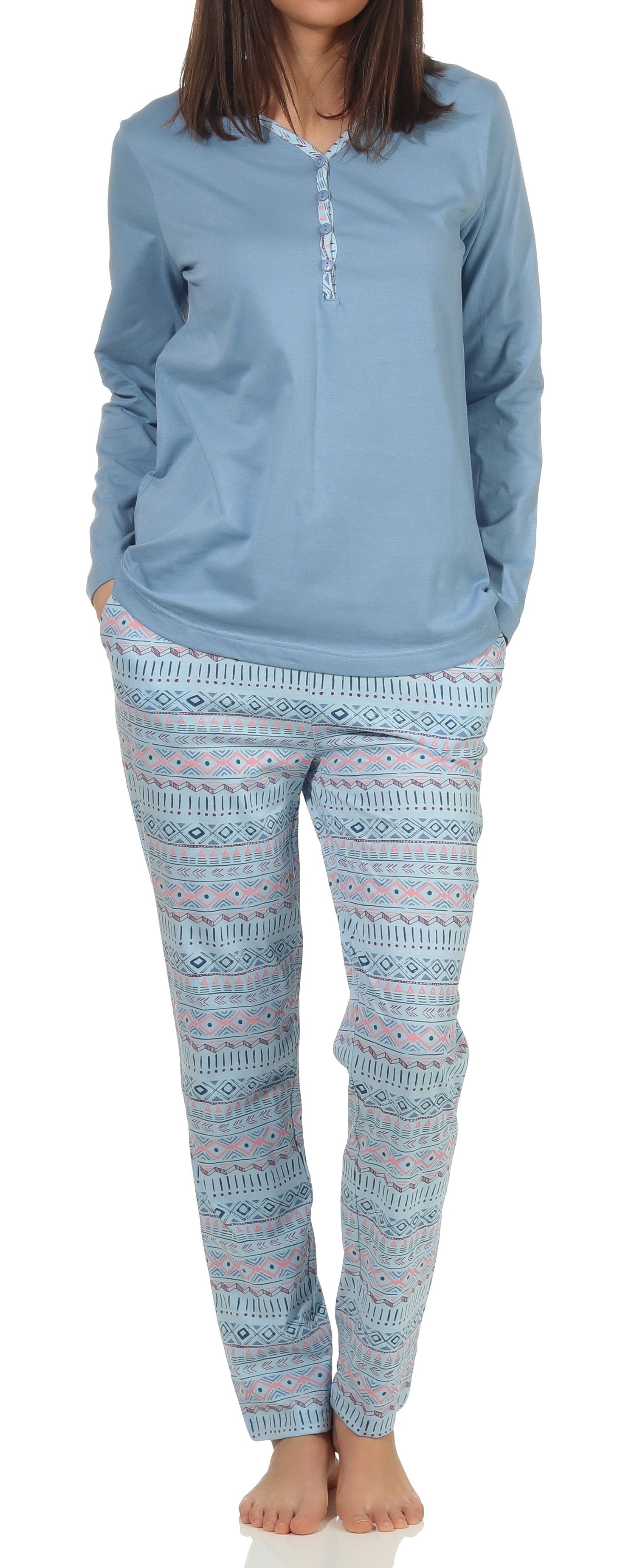 Normann Damen Schlafanzug langarm Pyjama mit Bündchen im Ethnolook - auch in Übergrößen