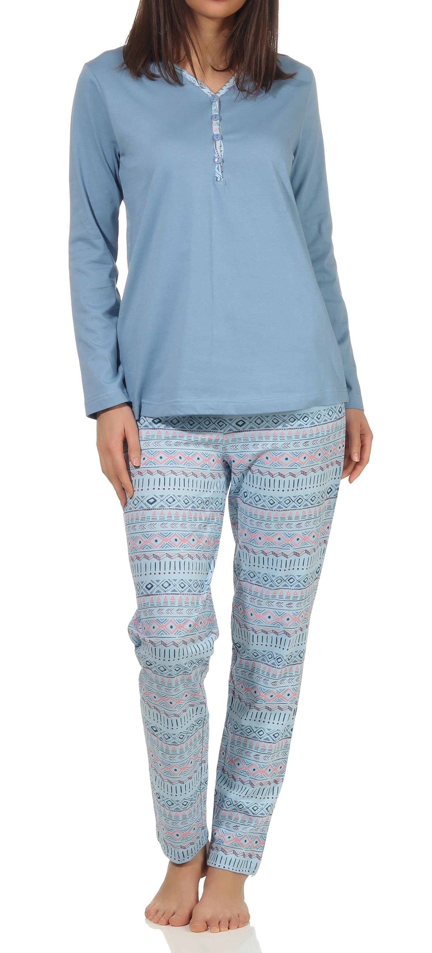 Normann Damen Schlafanzug langarm Pyjama mit Bündchen im Ethnolook - auch in Übergrößen